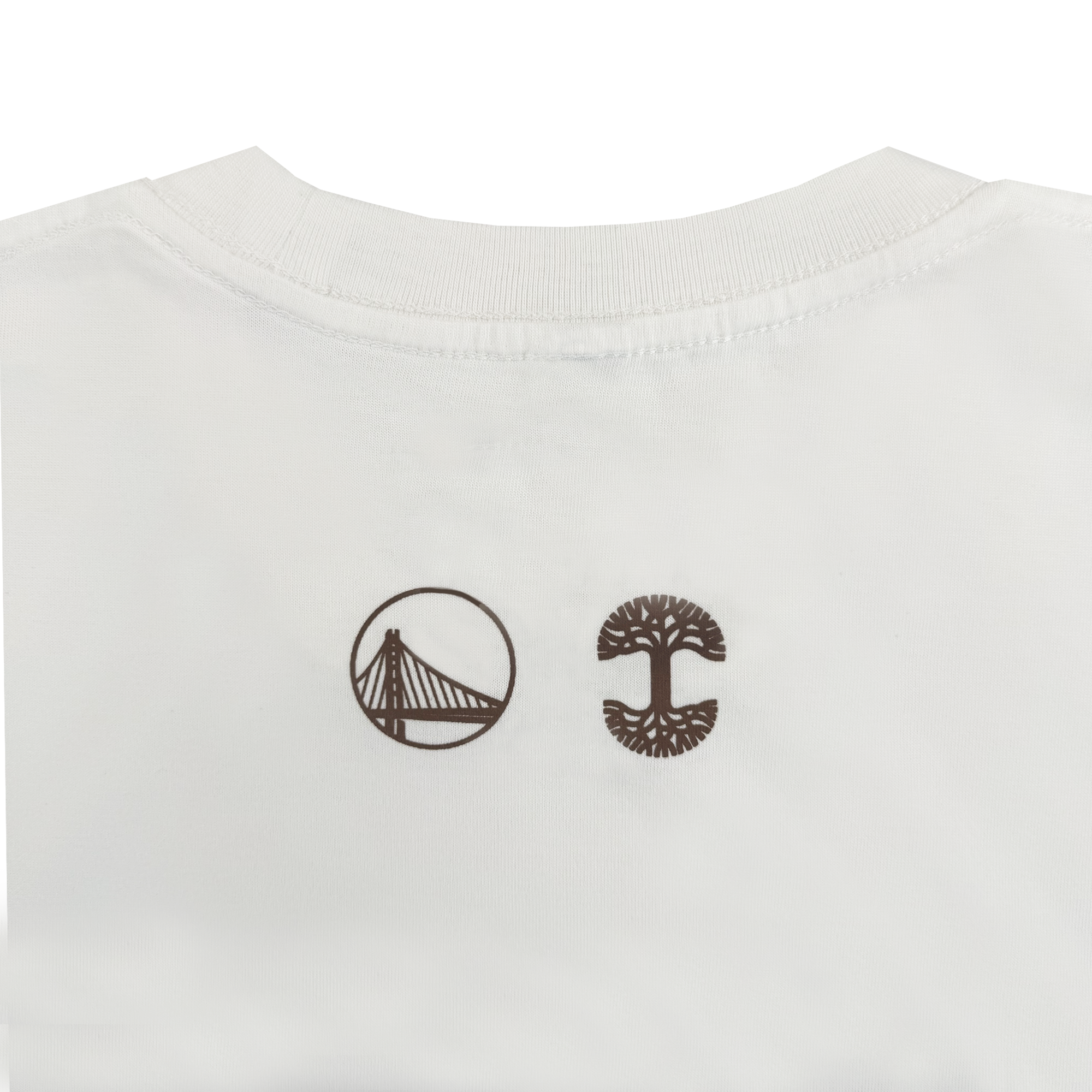 A close-up of the upper back of the 70's Trading Card Tee by GSW. Two small brown logos—a stylized Warriors bridge and an Oaklandish tree—are centered below the collar.