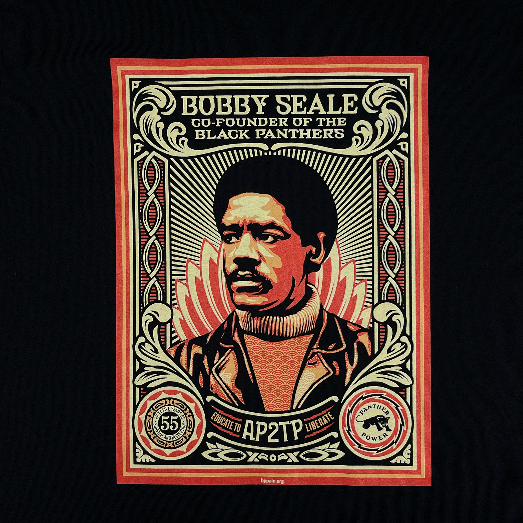 Stylized poster featuring Bobby Seale, co-founder of the Black Panthers, inspired by Shepard Fairey. His portrait is central, surrounded by ornate patterns and text. The upper text reads "Bobby Seale Co-Founder of the Black Panthers." Additional elements include badges, slogans like "Panther Power," and references to Oakland Community School’s mission to "Educate to Liberate," echoing the spirit of the new Educate to Liberate Hoodie by Oaklandish.