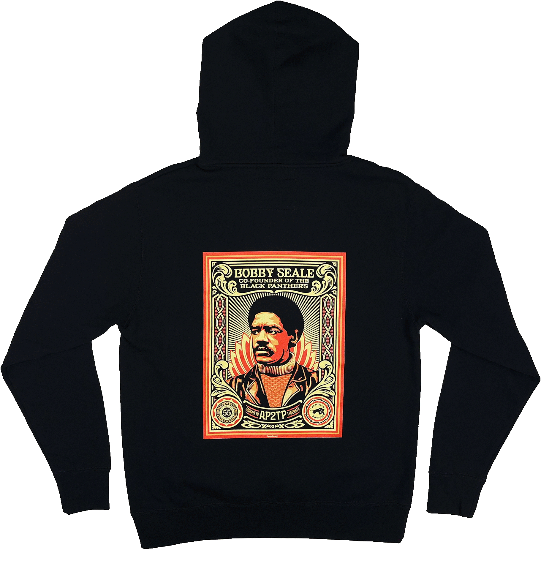 The Educate to Liberate Hoodie by Oaklandish showcases a striking black design with a vibrant graphic on the back. This artwork, inspired by Shepard Fairey's iconic style, features an intricate portrait of Bobby Seale adorned with elaborate details and the name "Bobby Seale" at the top. Bold colors and decorative elements accentuate the central figure along with the slogan "Educate to Liberate".