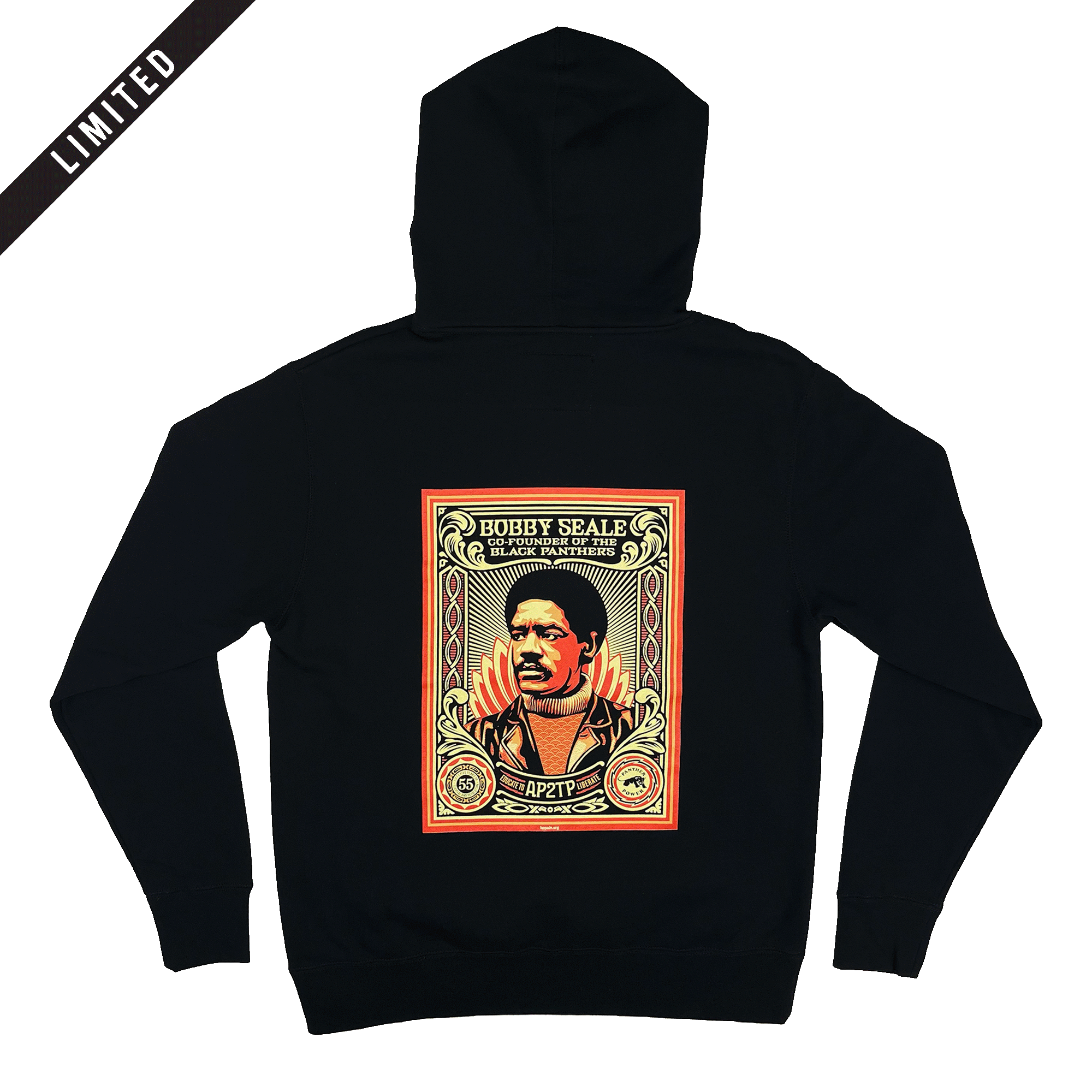 The Educate to Liberate Hoodie by Oaklandish is a black hoodie featuring a graphic on the back of an illustrated portrait of a man by Shepard Fairey. Above the portrait, text reads "Bobby Seale" with additional smaller text about Oakland Community School. The image is framed by an ornate red and beige border, and the word "LIMITED" appears on a tag attached to the left sleeve.