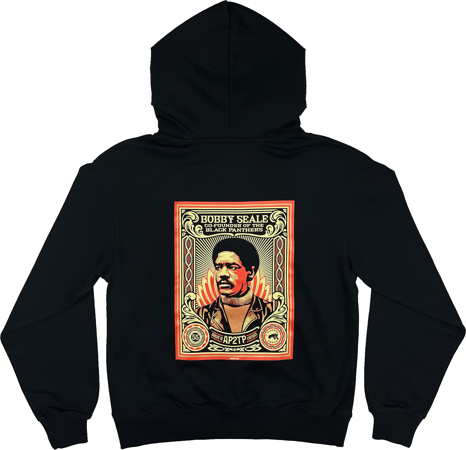 Backside view of black limited edition collectors hoodie featuring a large illustrated graphic by Shepard Fairey, founder of Black Panthers. 