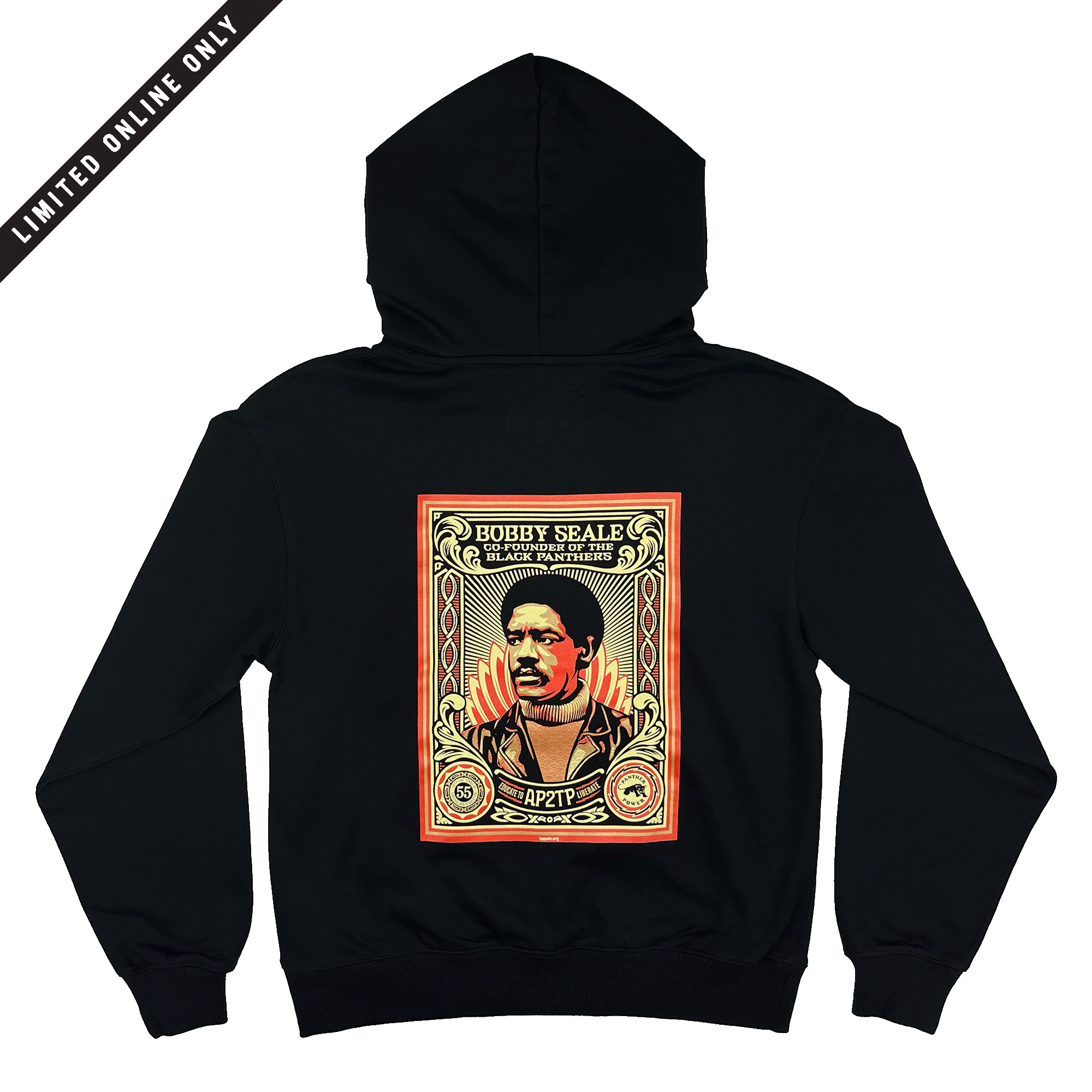 Backside view of black limited edition collectors hoodie featuring an illustration by Shepard Fairey, founder of Black Panthers. 