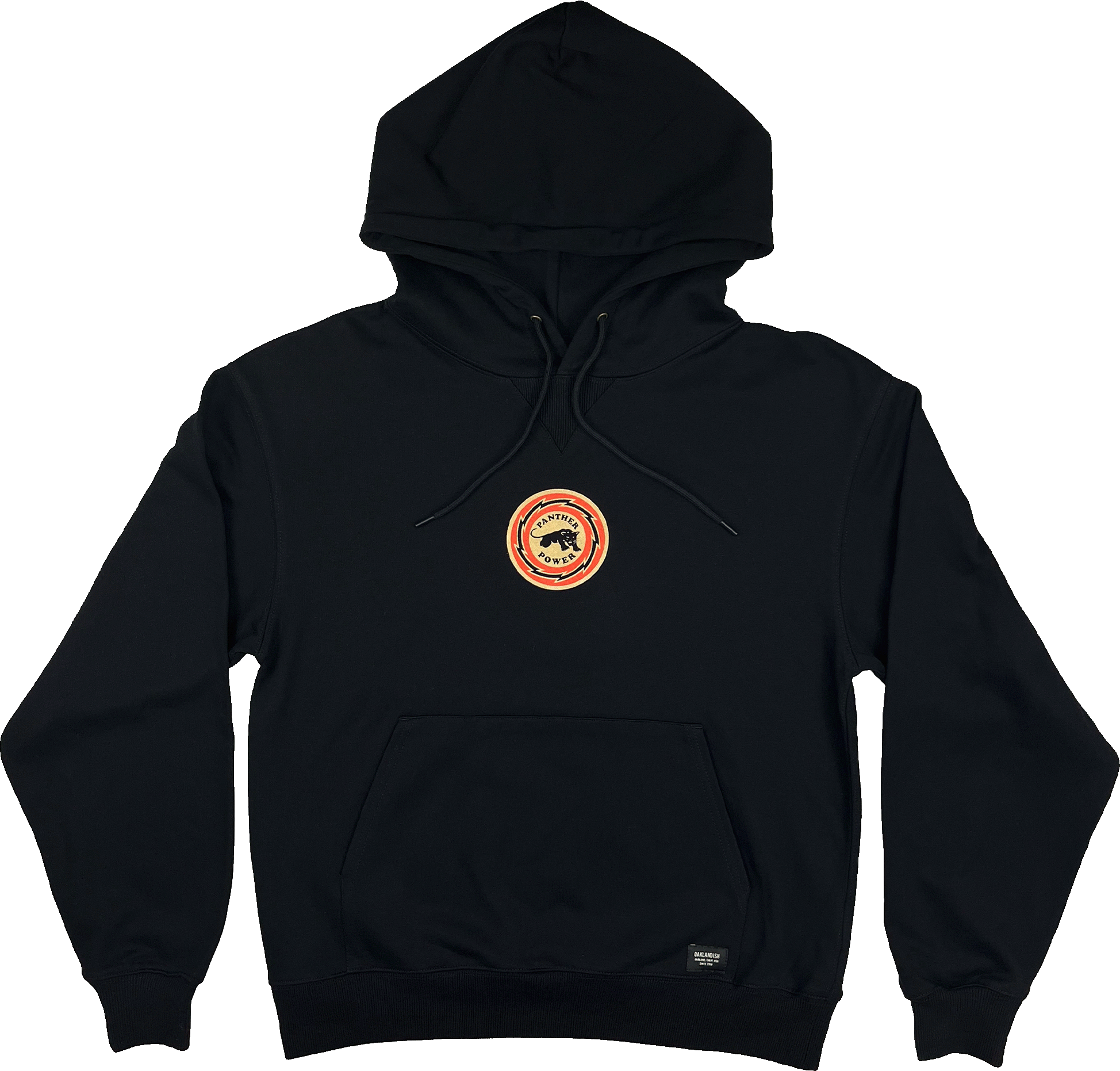 Front side view of black limited edition collector's hoodie with small Panther Power circle graphic on the chest.