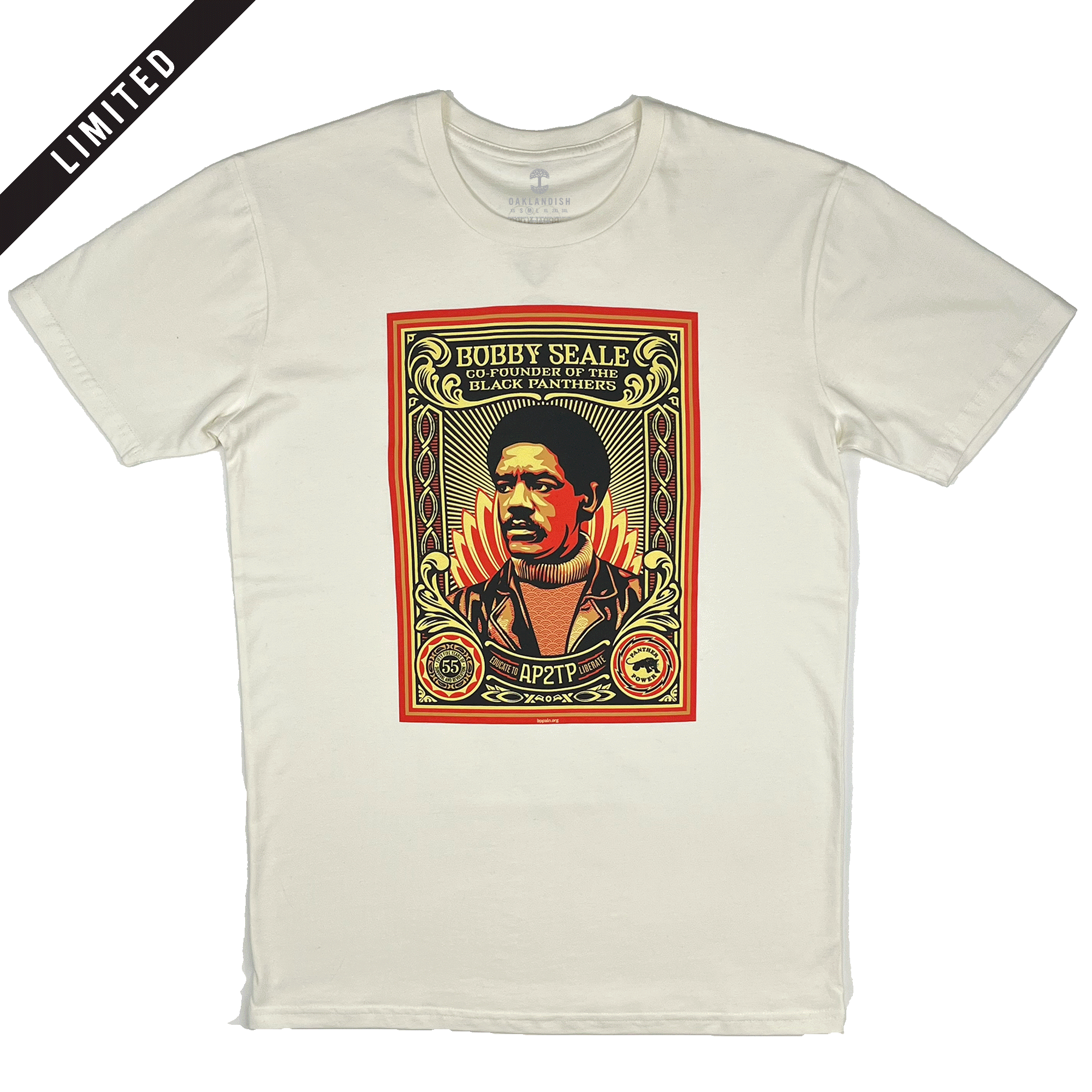 Front view of a natural cotton-colored limited edition t-shirt with illustrated graphic by Shepard Fairey, founder of Black Panthers.