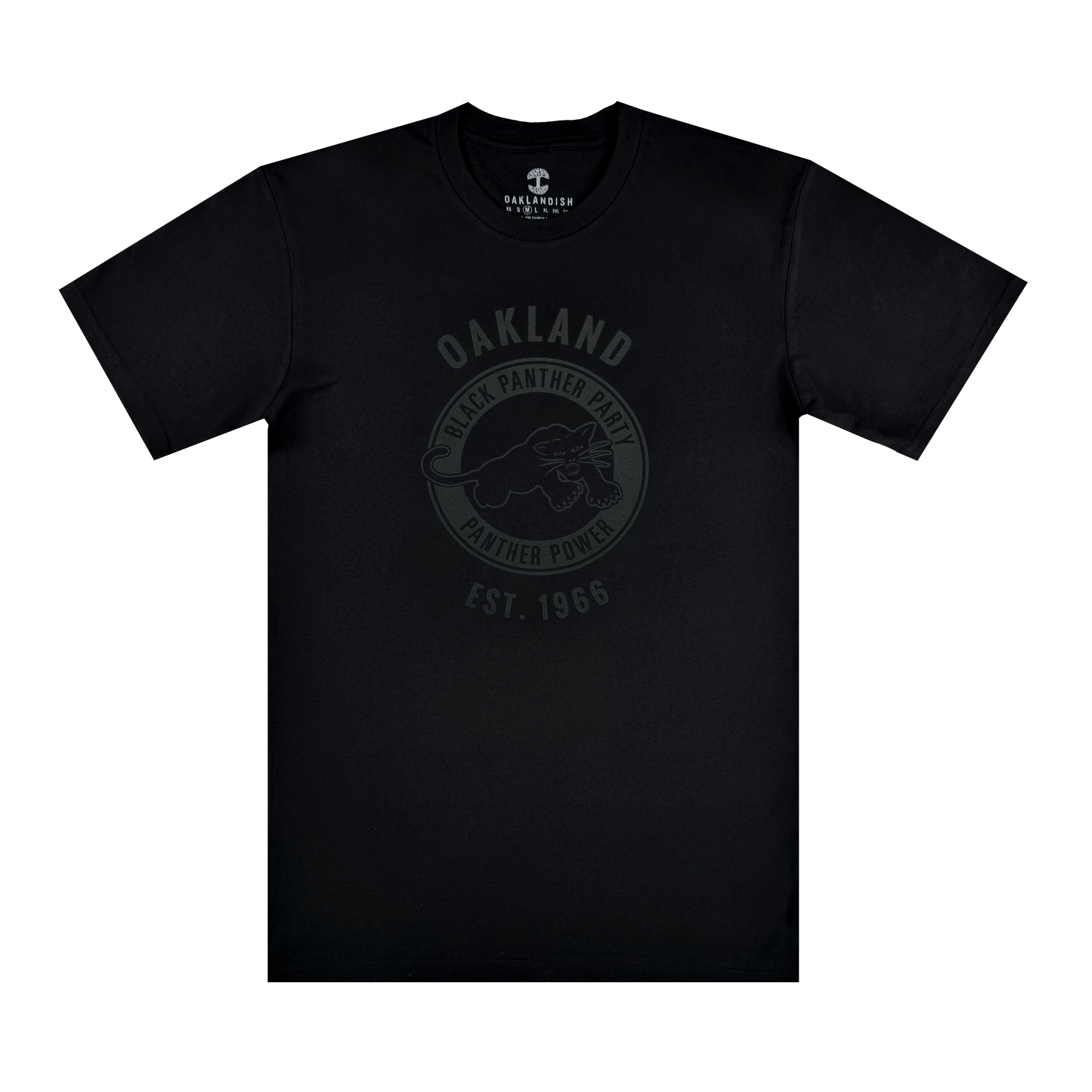 The Oaklandish Black Panther Power Tee is a black shirt with a dark gray crouching panther and circular text: "OAKLAND," "BLACK PANTHER PARTY," "PANTHER POWER," and "EST. 1966"—a tribute to social consciousness.