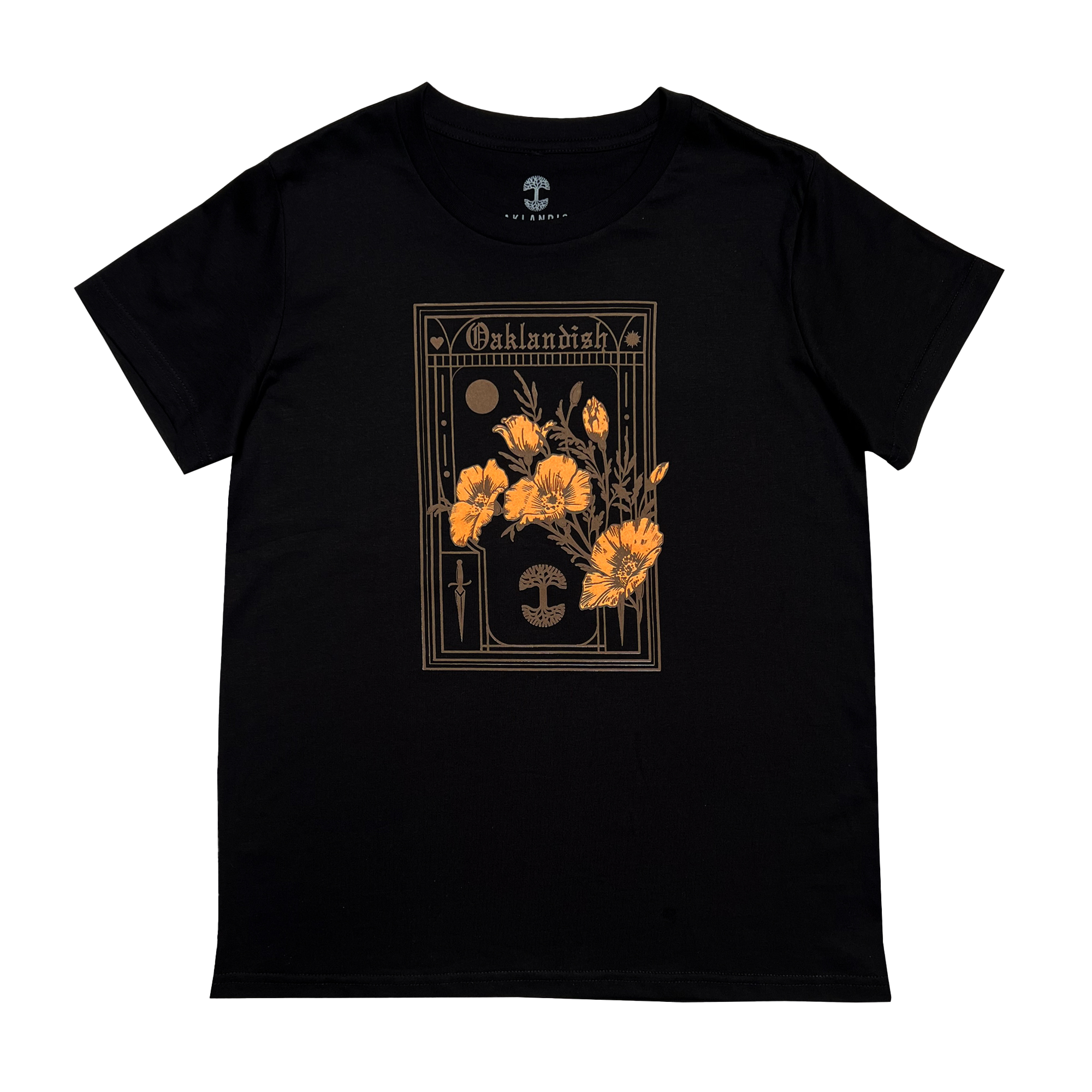 The Women's Blossom Tee by Oaklandish is a black t-shirt featuring a graphic design of California's state flower, orange poppies, centered on the front. The design is embellished with gothic-style borders and symbols surrounding the flowers, with "Oshkosh" elegantly written at the top. Available in women's sizes.