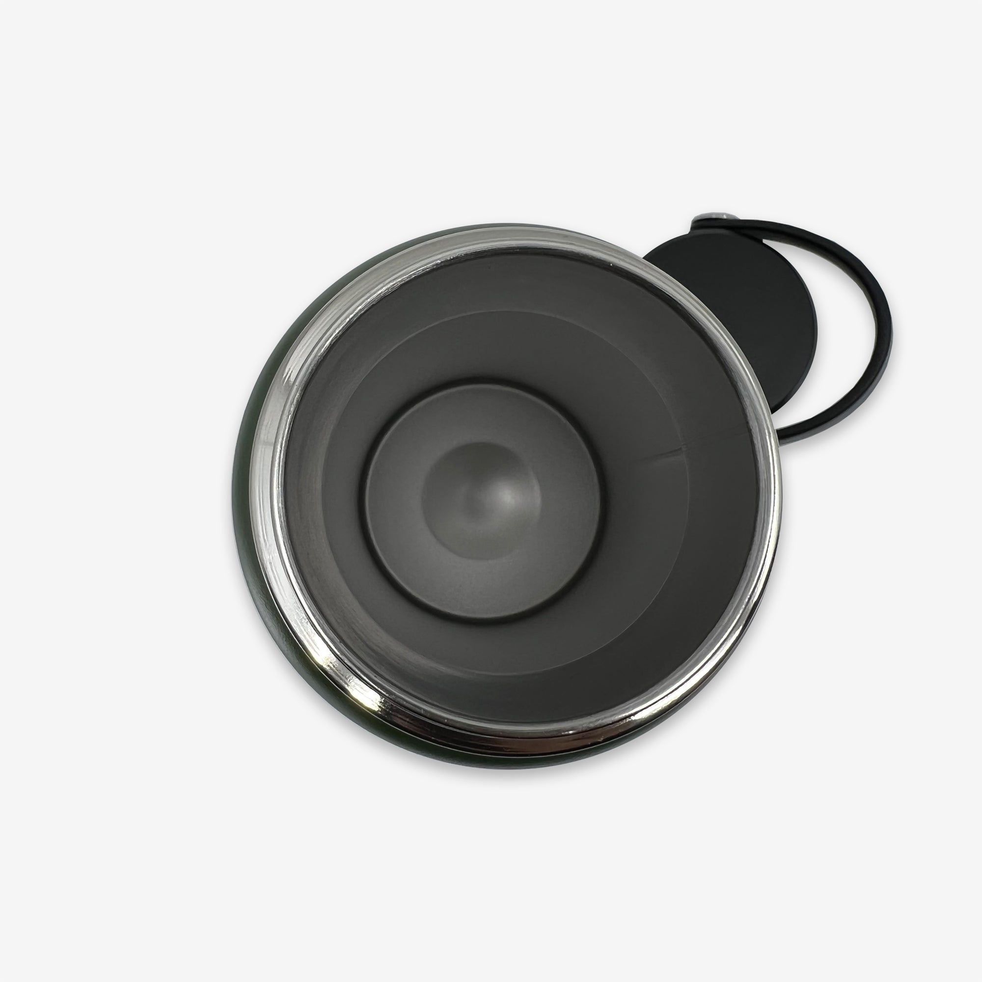 A round, overhead view of the Oaklandish Canteen reveals its black, stainless steel surface featuring a flat base and a slightly concave middle. The canteen boasts a sleek, modern design with a black rubber handle attached to the top by a metal ring hook. Set against a plain white background, this stylish Oaklandish product perfectly complements your chic collection of drinkware.