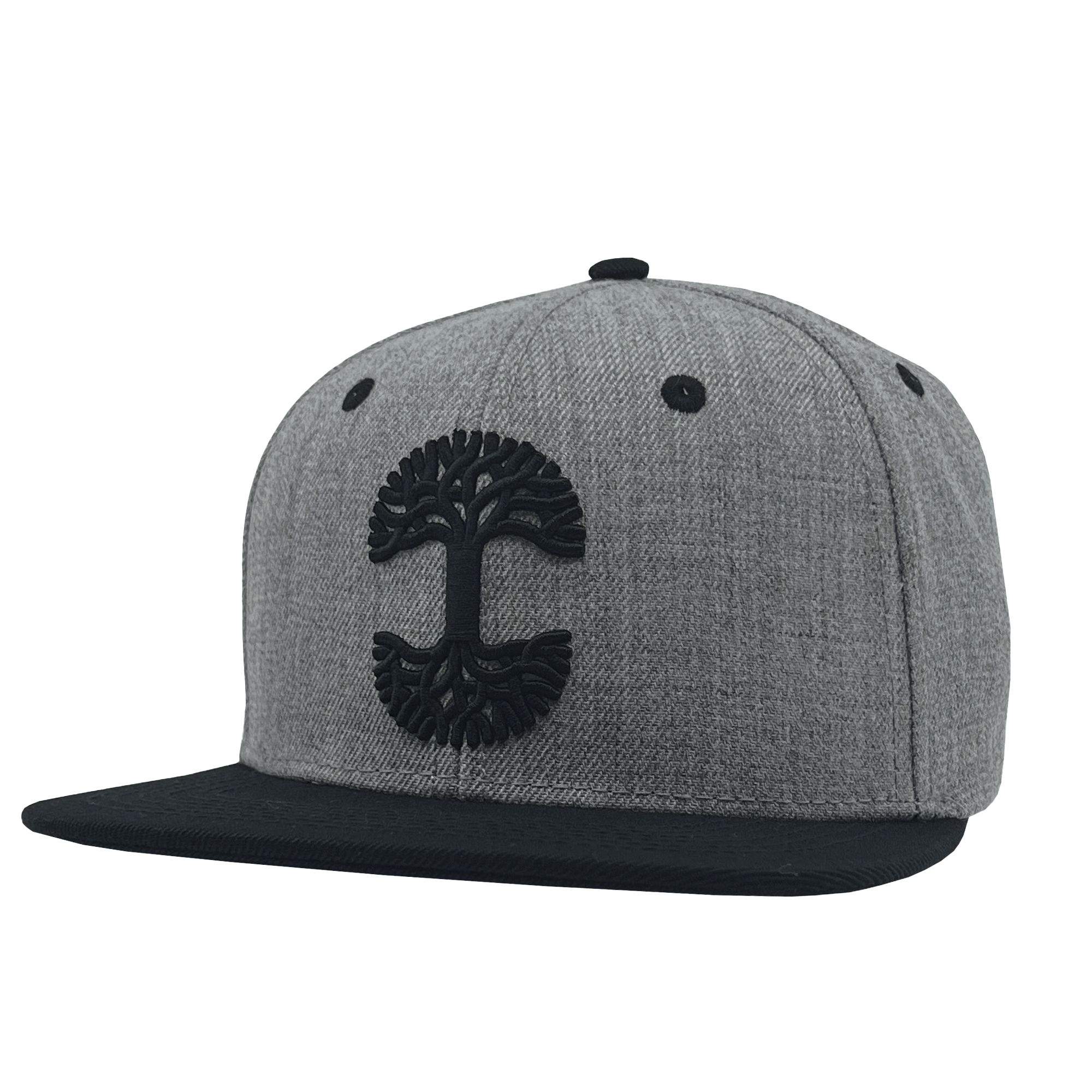 The Oaklandish Classic Snapback, crafted by Oaklandish, boasts a gray design featuring a black brim and a striking embroidered tree logo on the front. With ventilation eyelets at the top, it seamlessly merges style with modern sophistication.