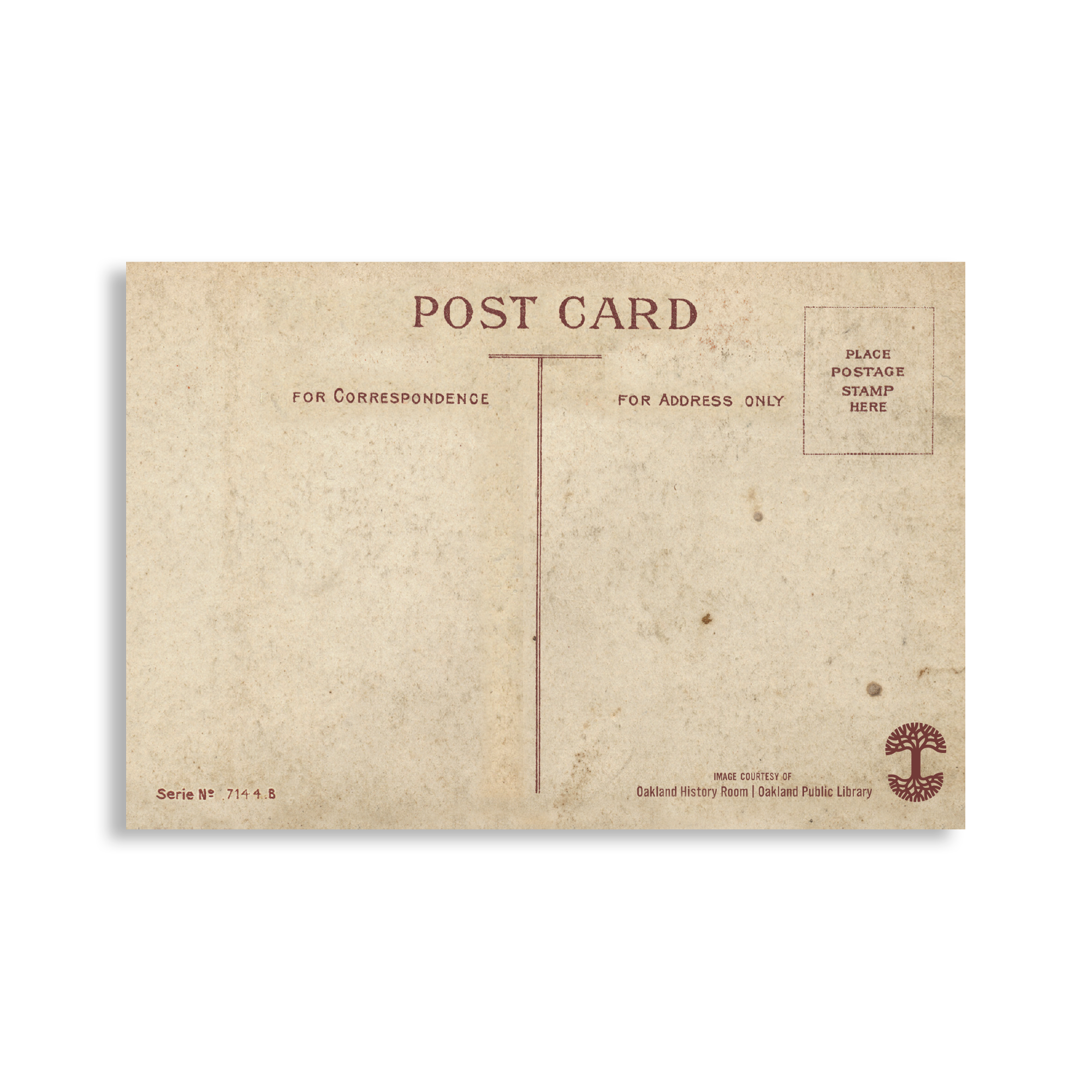 The Oaklandish "Greetings from Oakland" postcard is a timeless souvenir with a textured beige background, spaces for "Correspondence" and "Address Only," an Oakland Public Library watermark at the bottom, and a designated square in the top right corner for the postage stamp.