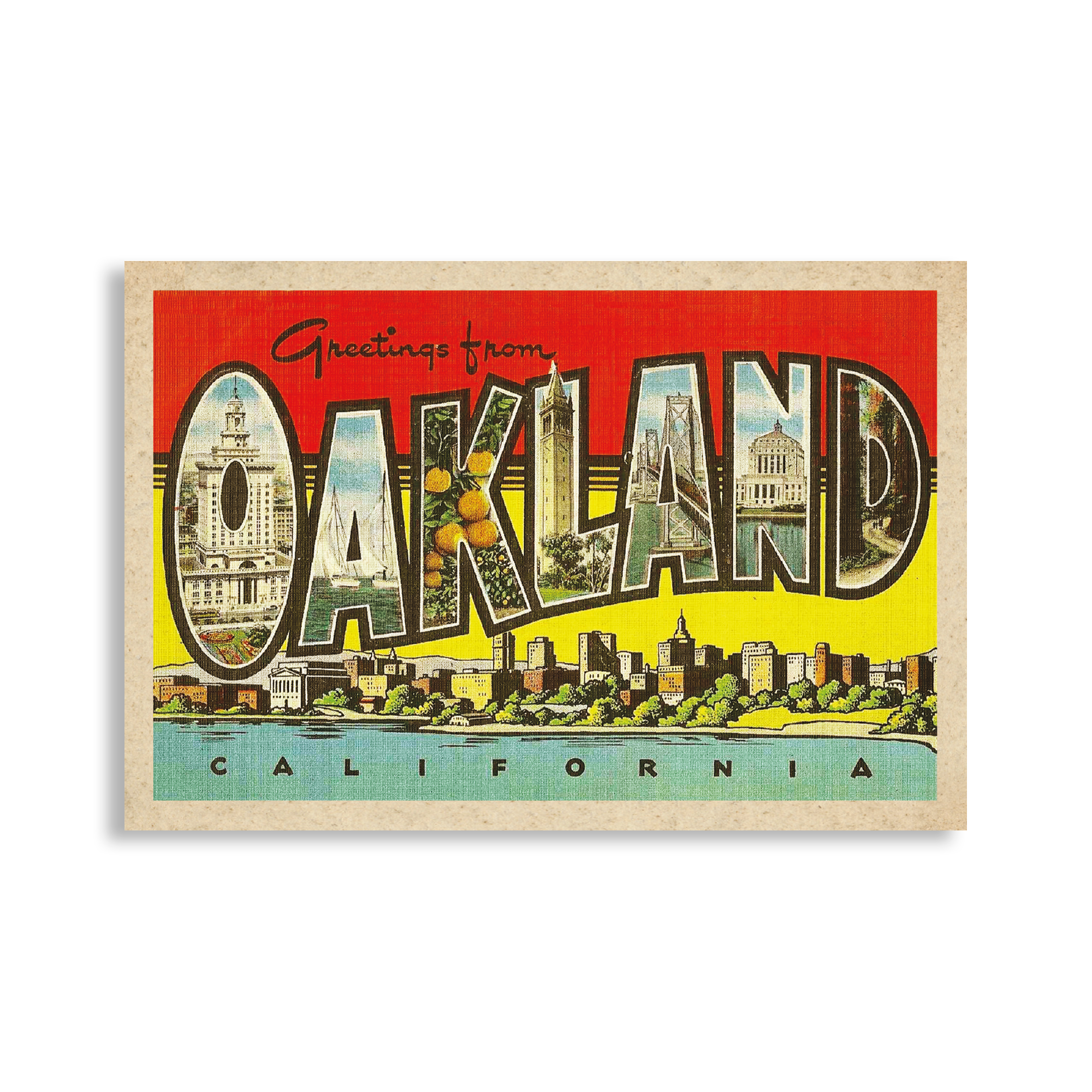 The "Greetings from Oakland Postcard" by Oaklandish features large text saying, "Greetings from OAKLAND CALIFORNIA," with landmark and orange tree images within the letters. The red-yellow-green gradient backdrop and mid-20th-century design style add a vintage touch.