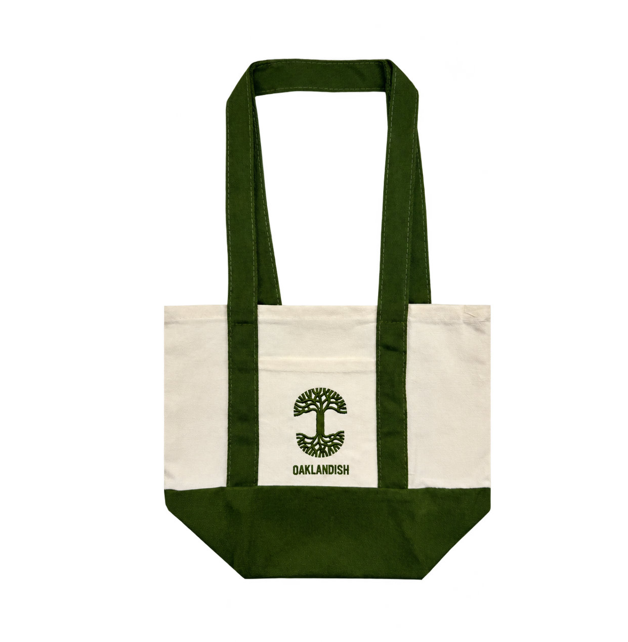 The Oaklandish Mini Grocery Tote by Oaklandish features green straps and a bottom, with an embroidered green tree logo above the word “OAKLANDISH” in green on a cream-colored background at the center. This mini tote is a simple yet sturdy accessory, ideal for carrying everyday items.