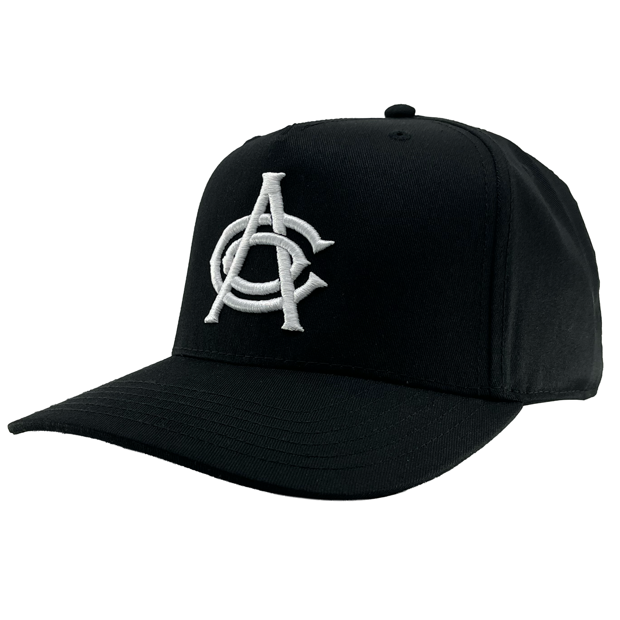 The OAC Logo 5 Panel by OAC is a black snapback cap with a curved brim, featuring large, white, intertwined embroidered letters “A” and “C” on the front panel to represent the Oakland Athletic Club. The plain white background emphasizes the cap’s structure and its distinctive embroidered logo.