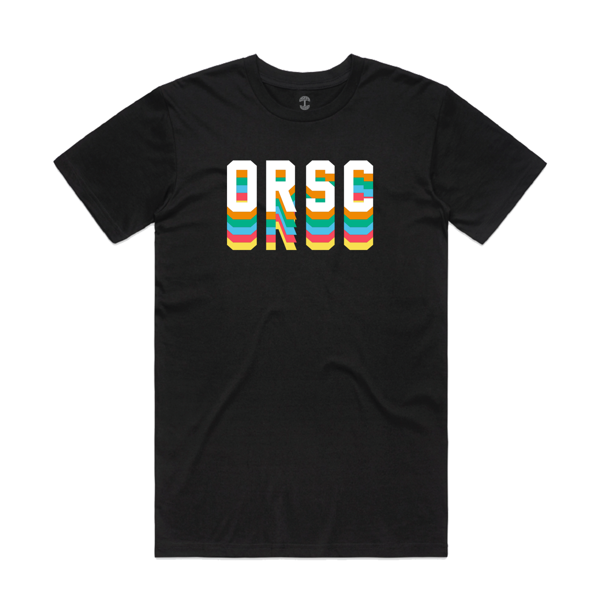 The ORSC Tee by Oakland Roots SC is a black T-shirt showcasing the letters "ORSC" in a striking white font with an eye-catching colorful 3D shadow effect. Drawing inspiration from the lively spirit of Oakland, the multicolored shadow features stacked layers in red, blue, green, yellow, and orange. This shirt is displayed against a simple white background.