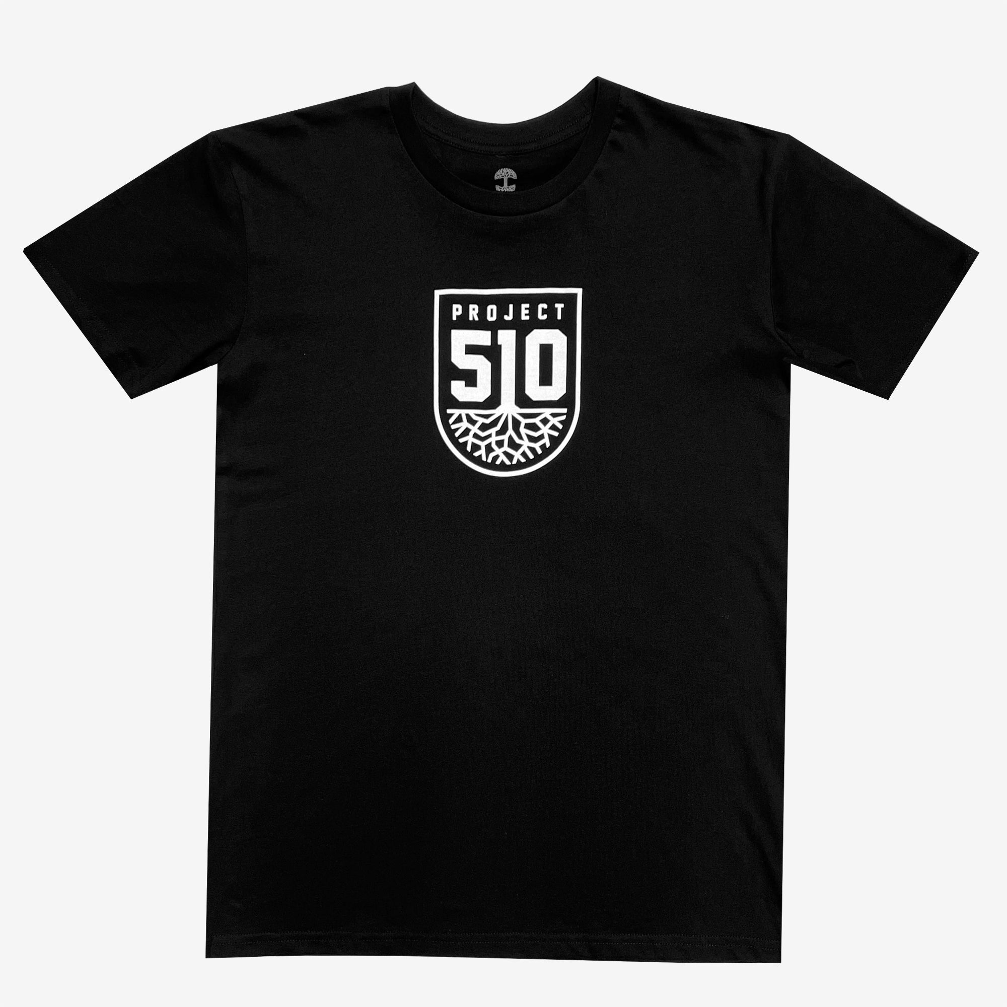 The Project 510 Club Tee by Oakland Roots SC comes in black and showcases a centered white graphic with the text "PROJECT 51O." The design features a shield-like emblem displaying the number "510" and a stylized root or tree pattern at the bottom, paying homage to Oakland Roots SC. The T-shirt is displayed on a plain white background.