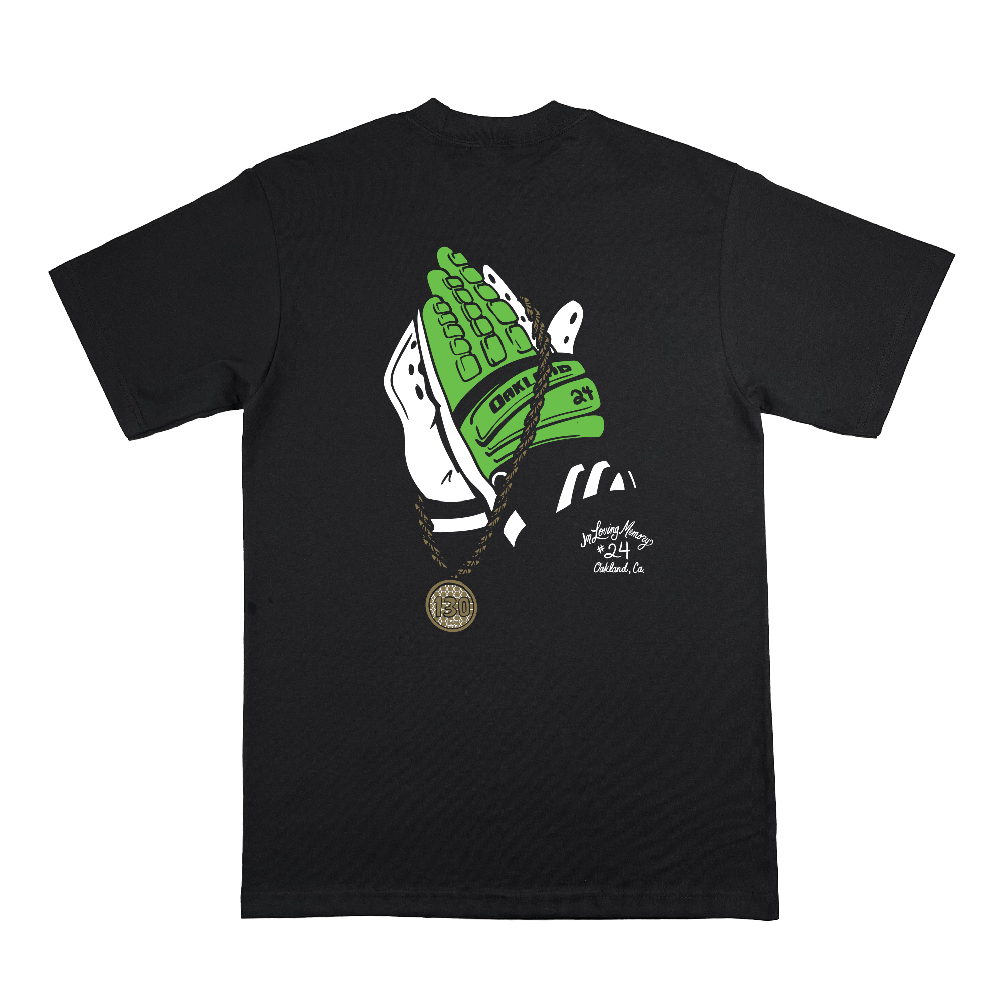 The black RIP Man of Steal t-shirt by Oaklandish features heavy cotton with a graphic of two gloved hands holding a baseball bat. A white glove with green hints at the Oakland A's, and "Boss 3" along with "Oakland CA" celebrates the city's 24EVER Classic sports legacy.