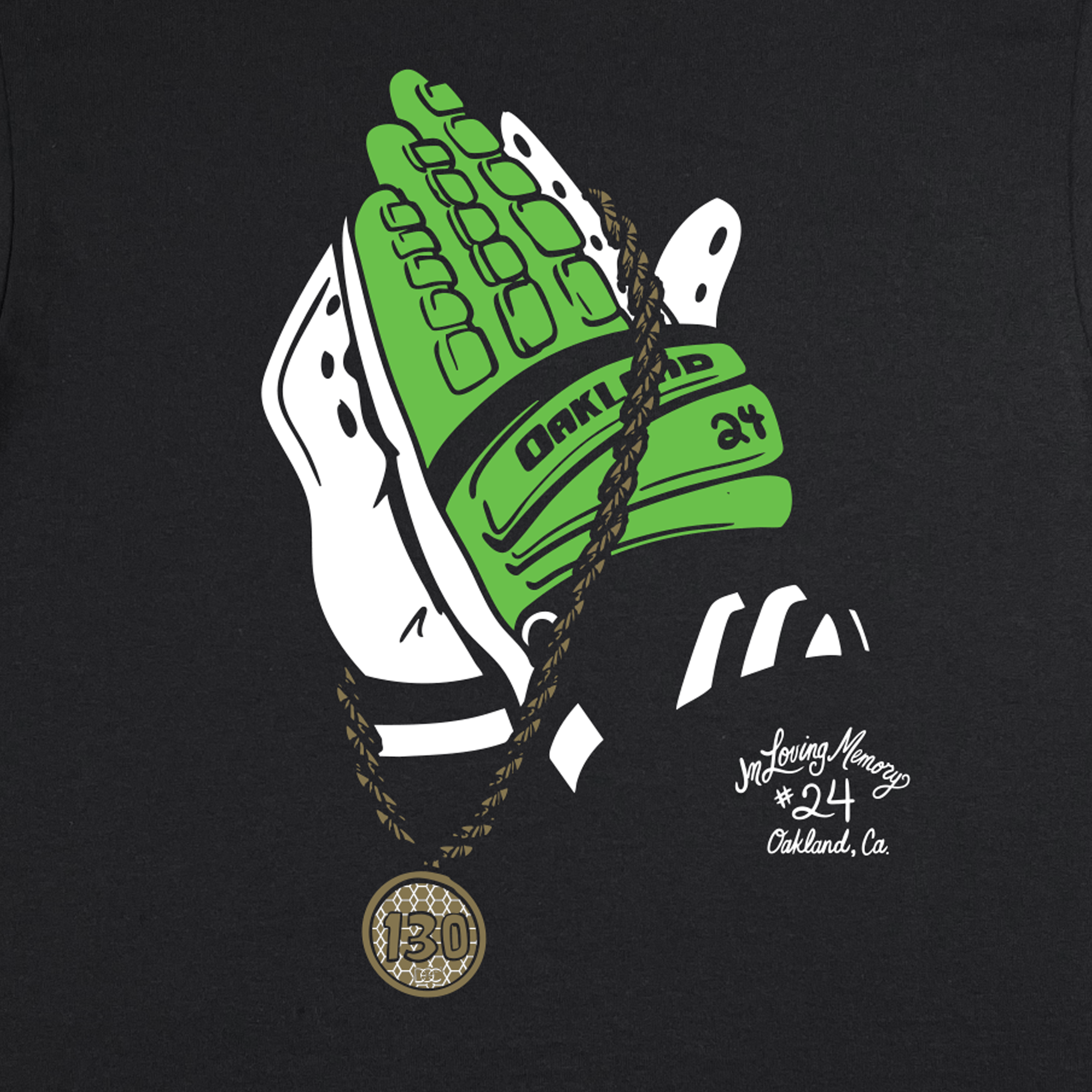 The 24EVER Classic tribute features an illustration of a green and white "Oakland" baseball glove with a gold medallion engraved "130," on a heavyweight black cotton background. Below, it reads "In Loving Memory #24 Oakland, Ca." This design is part of the (Preorder) RIP Man of Steal by Oaklandish.