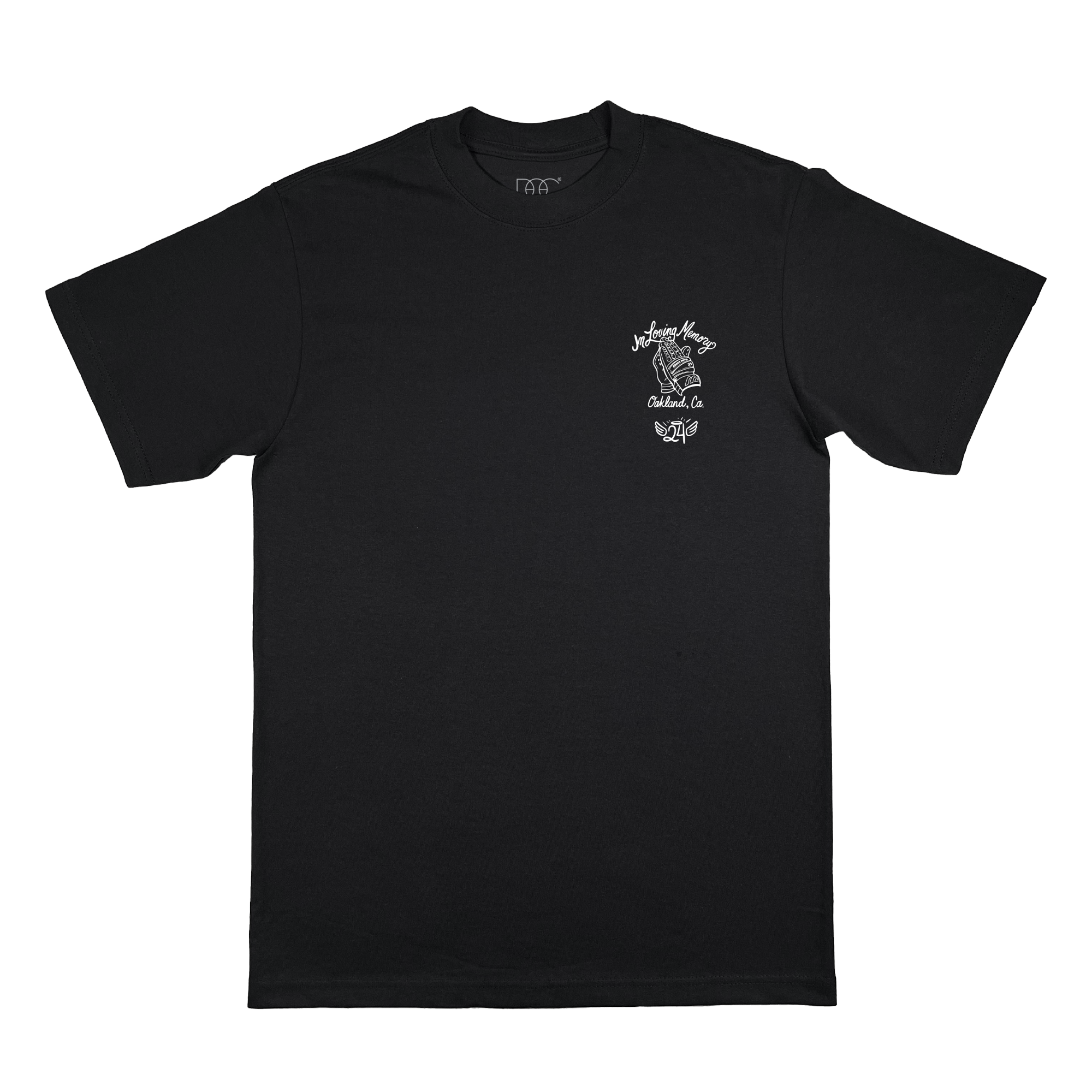 Introducing the (Preorder) RIP Man of Steal T-shirt by Oaklandish, featuring a white graphic on the left chest with stylized text and a butterfly illustration. Made from heavyweight cotton, this classic black shirt is displayed on a white background with short sleeves and a round neckline.