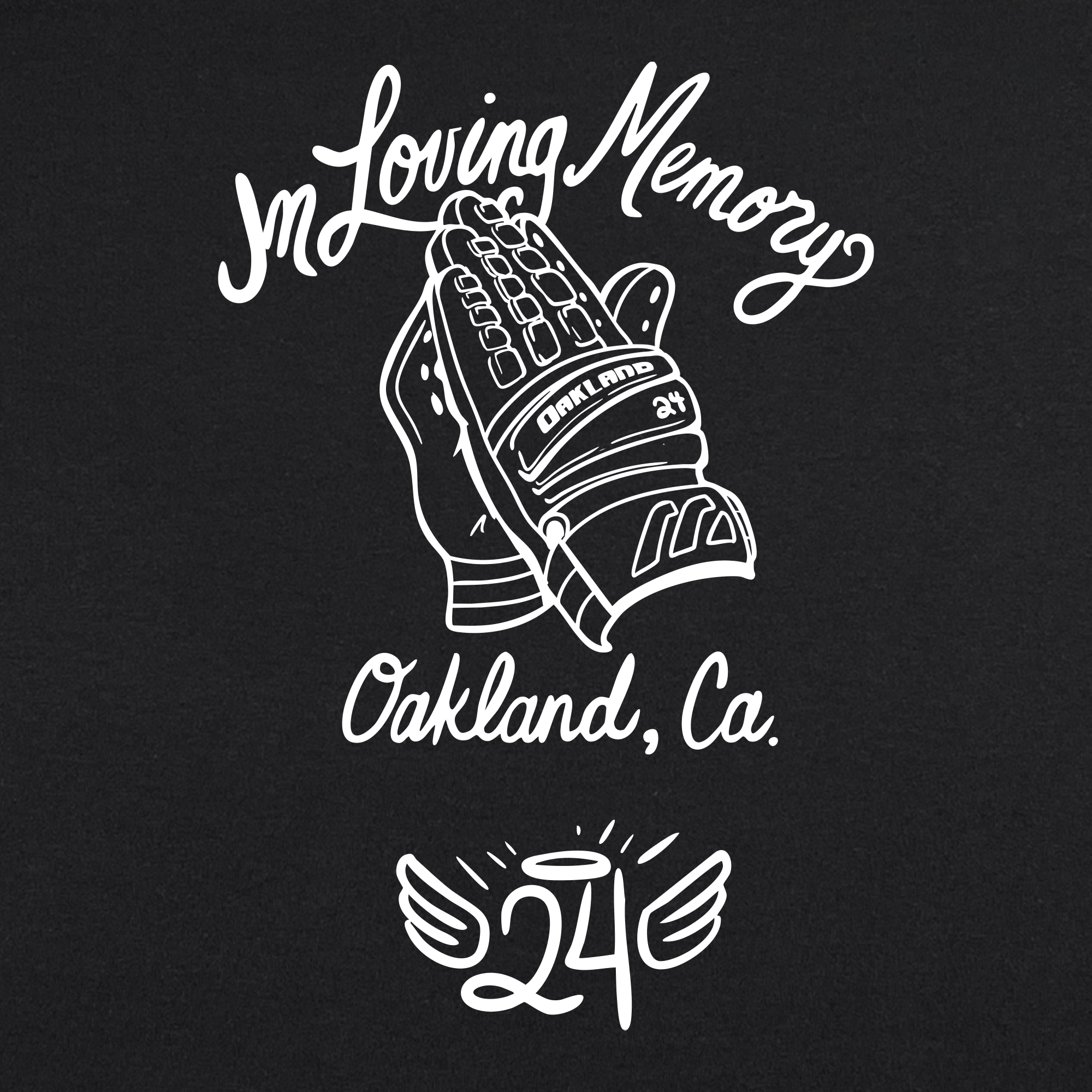 The RIP Man of Steal preorder by Oaklandish features a black heavyweight cotton design with a white illustration of a baseball glove marked "Oakland" and "24," plus "In Loving Memory, Oakland, Ca." A haloed, winged "24EVER Classic" pays tribute.