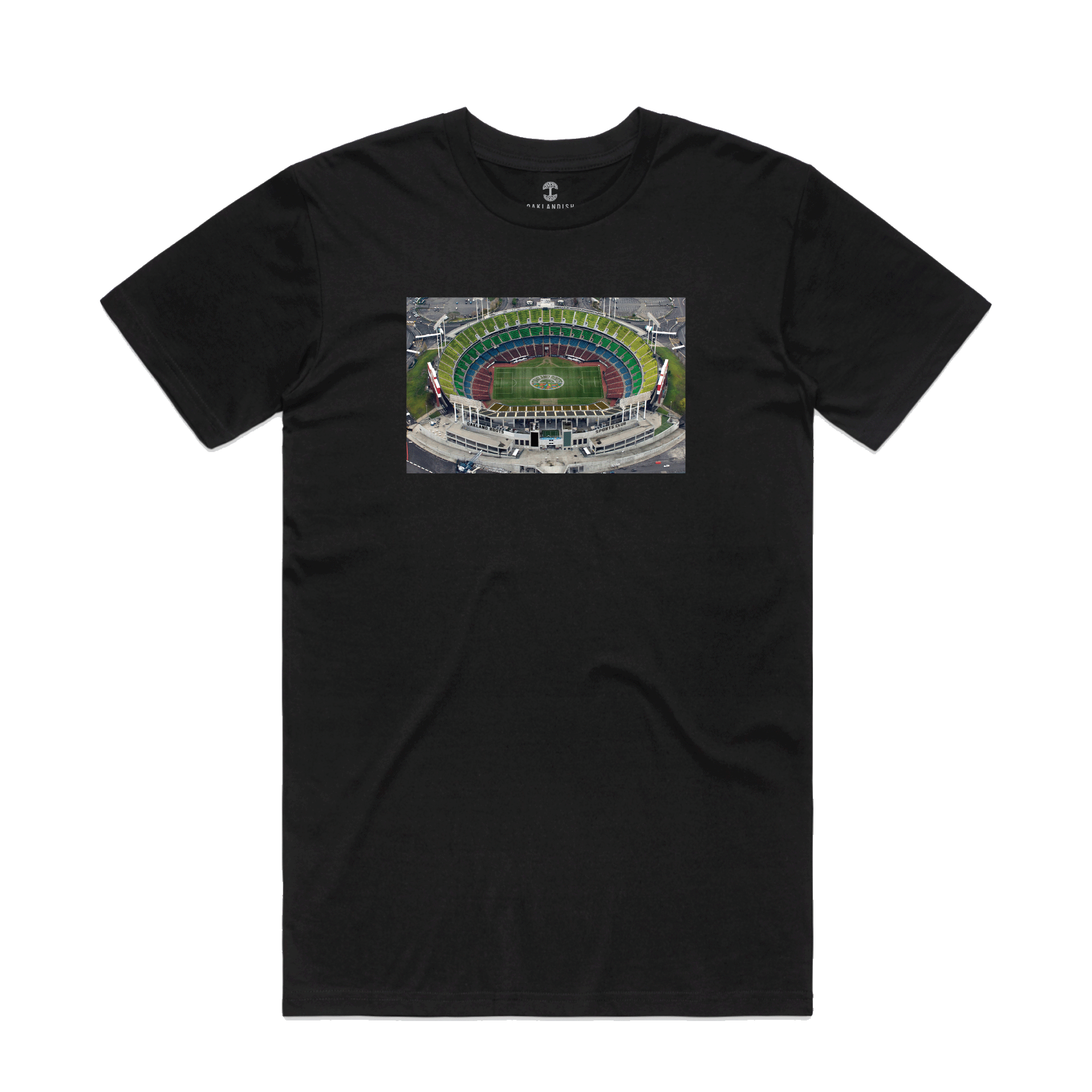 The Oakland Roots SC Home Tee features a detailed aerial photograph of the Oakland Coliseum prominently printed in the center on the front. This limited-edition black t-shirt highlights the stadium's green field, seating areas, and surrounding infrastructure, all displayed against a white background.