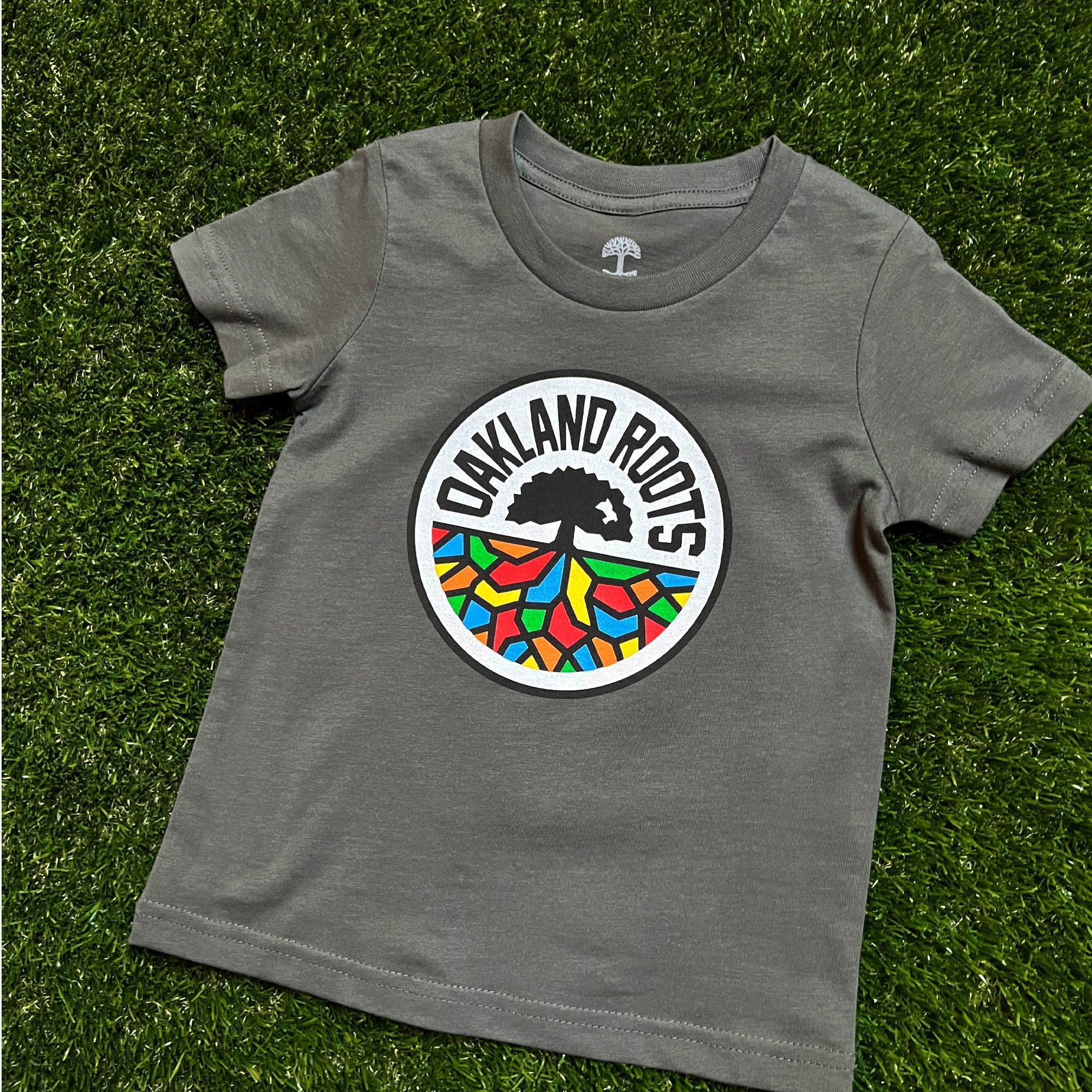 A small gray toddler t-shirt, branded as the "Toddler Oakland Roots SC Classic Tee" by Oakland Roots SC, showcases a prominent "Oakland Roots" logo on the front. The logo depicts a black tree with sprawling roots set against a vibrant geometric pattern. Perfect for young fans of the sports club, the shirt is displayed laid flat on a green grassy surface.