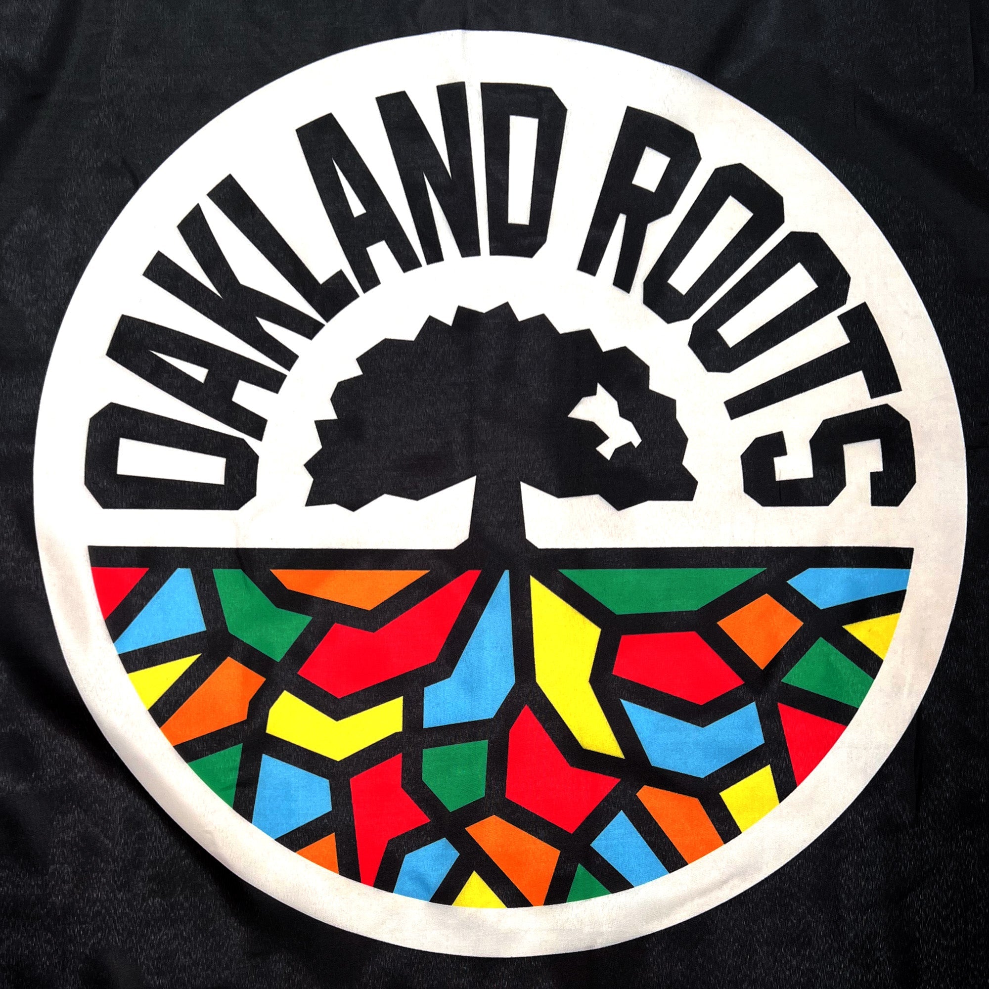 The image shows the Oakland Roots SC Logo Flag, representing a dynamic sports club. It features a stylized tree above brightly colored shapes resembling stained glass in red, yellow, blue, and green. A white circle surrounds the tree and colors, with "OAKLAND ROOTS" in bold black letters arching around the top.