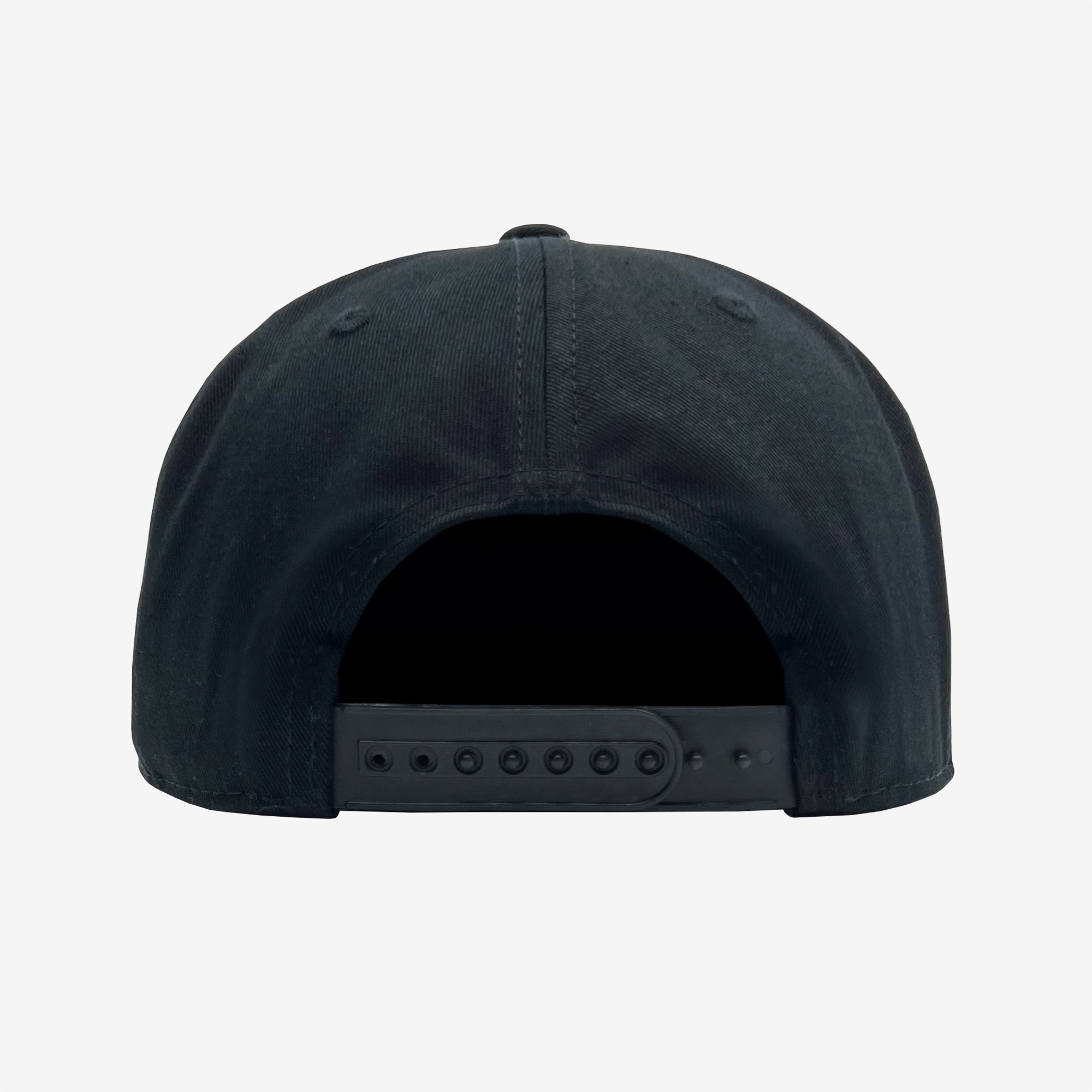 A black Oakland Roots SC Structured Snapback is displayed from the back, showcasing its six-panel design and top button. The adjustable snapback closure at the bottom center includes multiple holes for custom sizing. Subtle Oaklandish branding ties it to the vibrant Oakland sports club scene. The plain white background accentuates the hat's details.