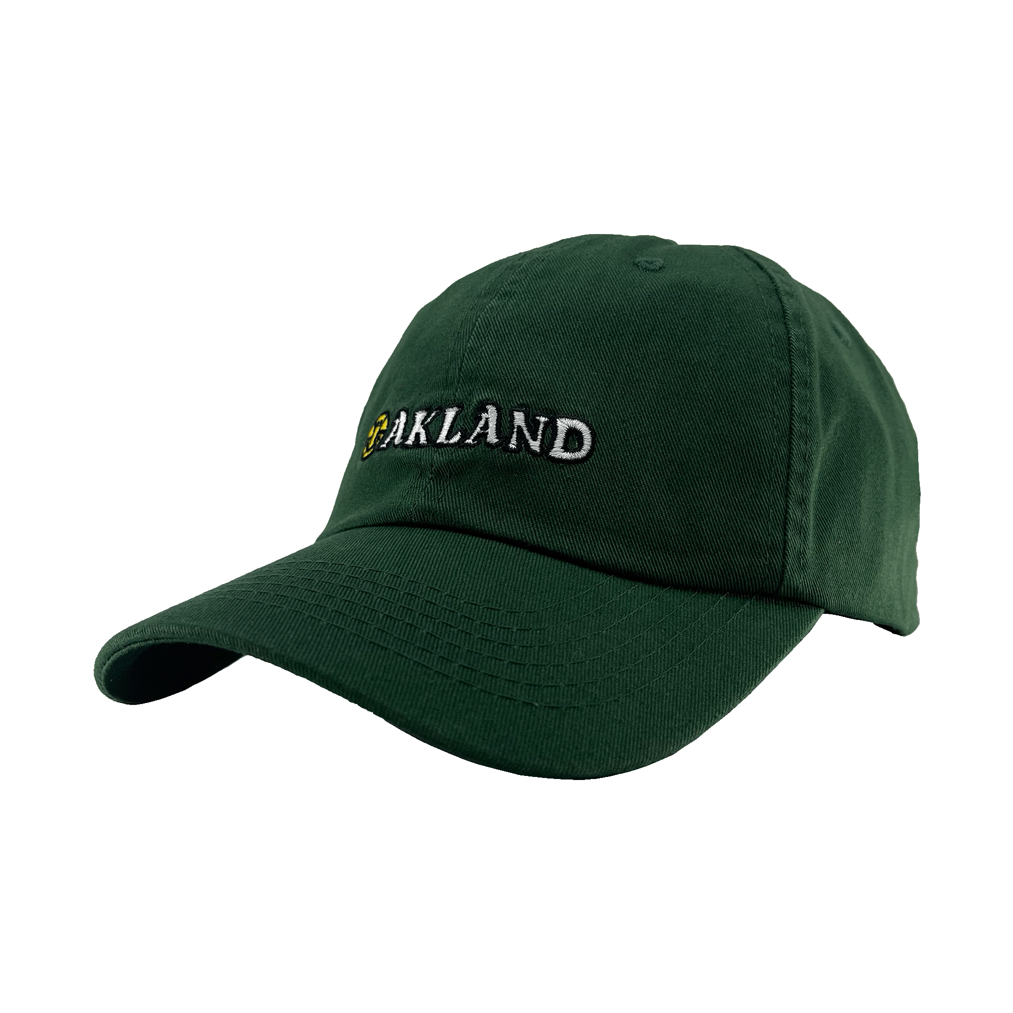 Angled side view of green Oakland Dad Hat, with embroidered design by Dustin O. Canalin (DOC).