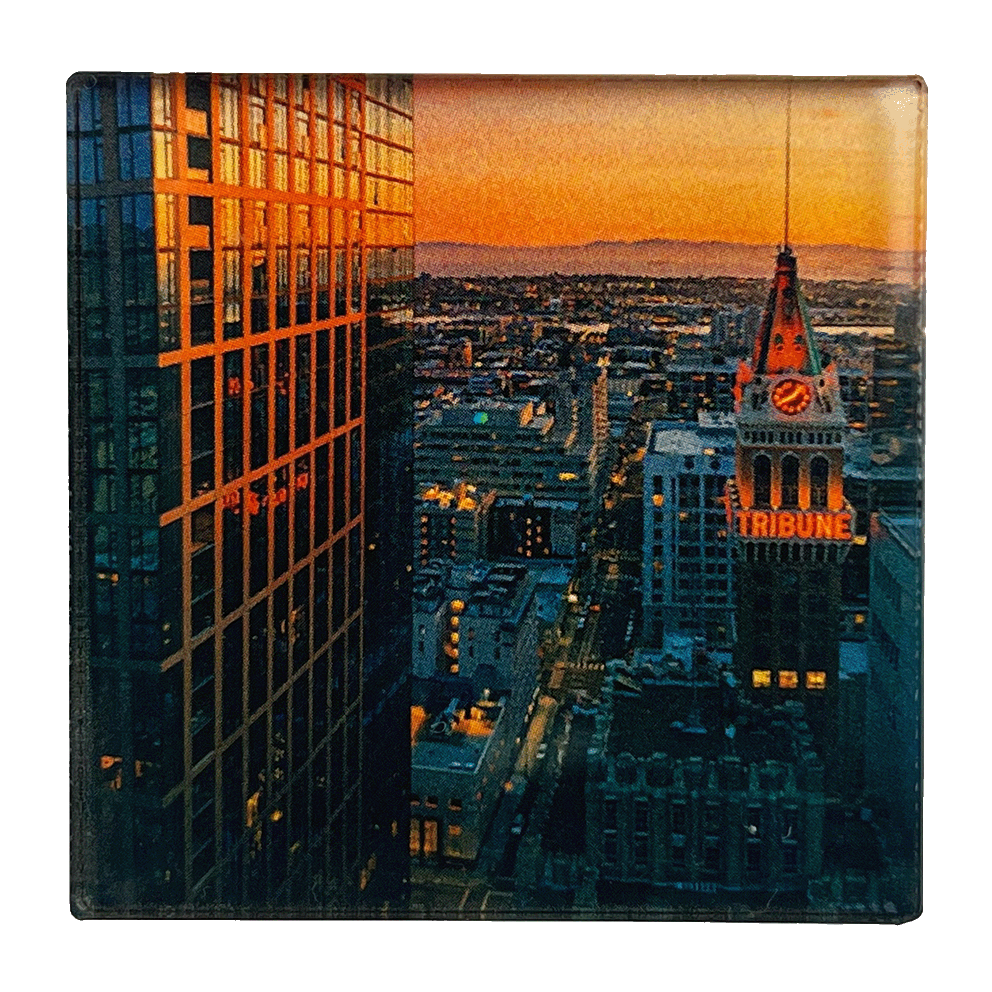 Fridge magnet with image of Oakland at sunset by photographer Vincent James.