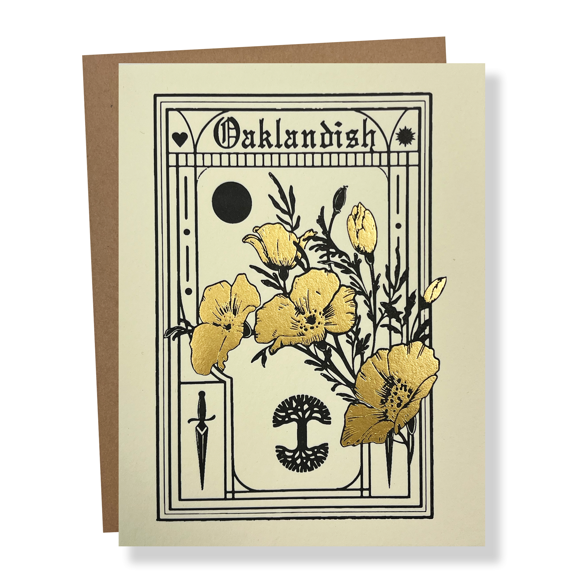 Close-up front view of greeting card & envelope with Oaklandish Blossom design, wordmark, and tree logo in linen color.