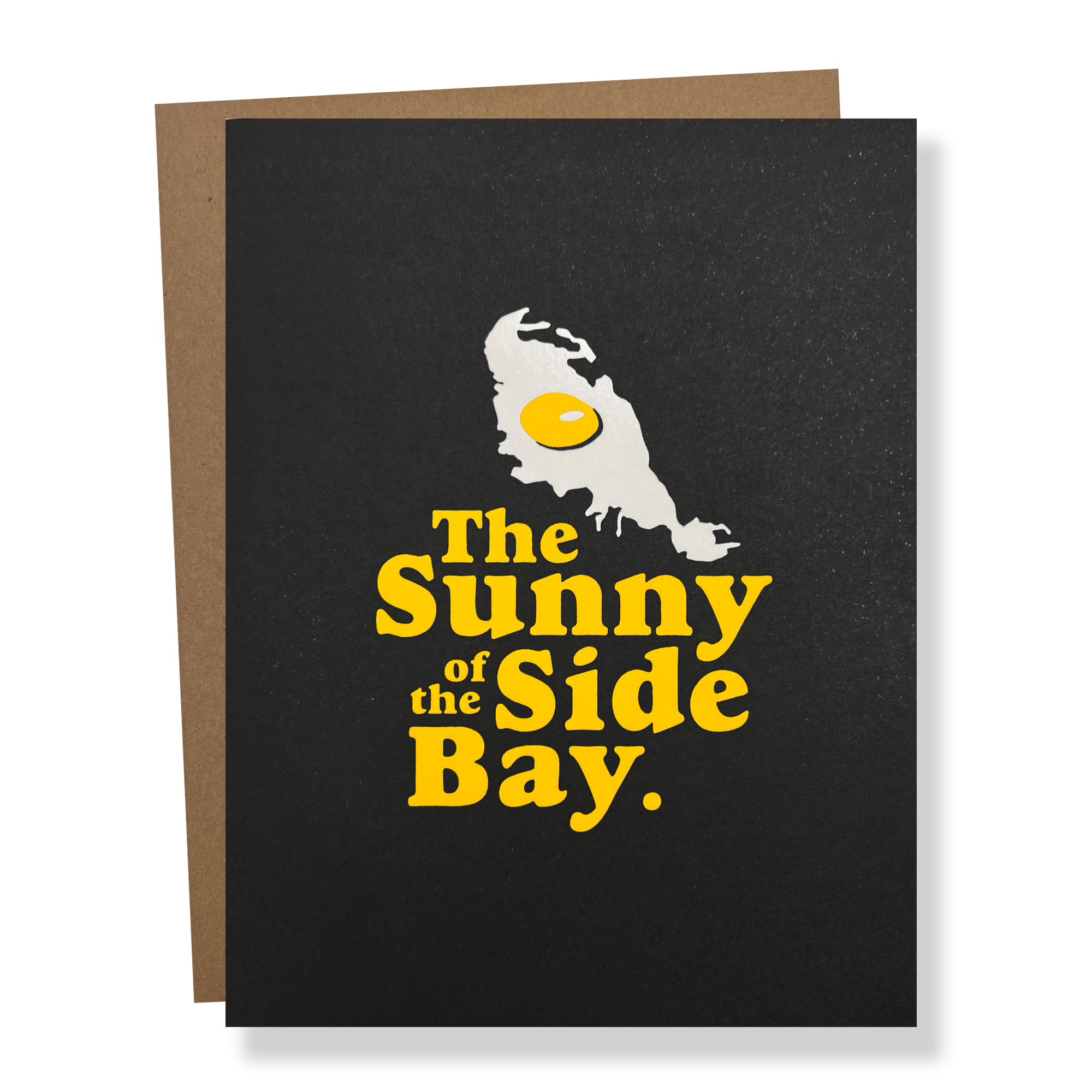 Black greeting card with The Sunnyside of the Bay wordmark and logo with a brown envelope.