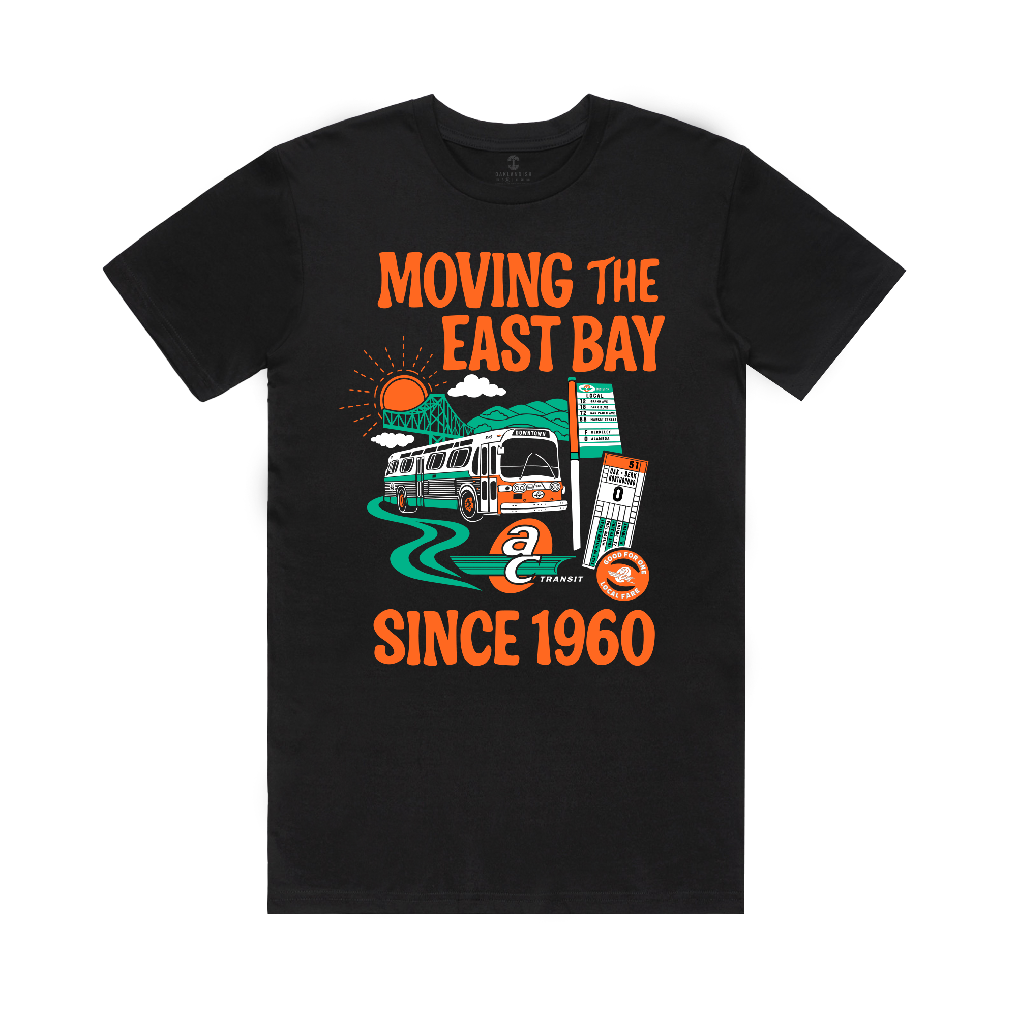 The AC Transit Moves The East Bay Tee by Oaklandish is a black vintage shirt featuring an illustrated bus, sun, trees, orange "MOVING THE EAST BAY SINCE 1960" text, AC Transit logo, and green/white route sign with vibrant accents.