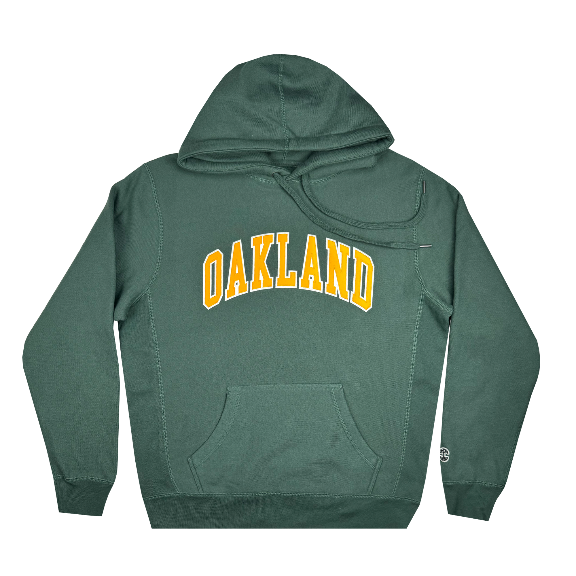 Introducing the Alma Mater Heavy Hoodie by Oaklandish: This dark green fleece hoodie features a convenient front pocket and a drawstring hood. The word "OAKLAND" is prominently displayed across the chest in large yellow letters with a white outline. It also includes ribbed cuffs and hem, along with a small patch on the lower left side for added detail.