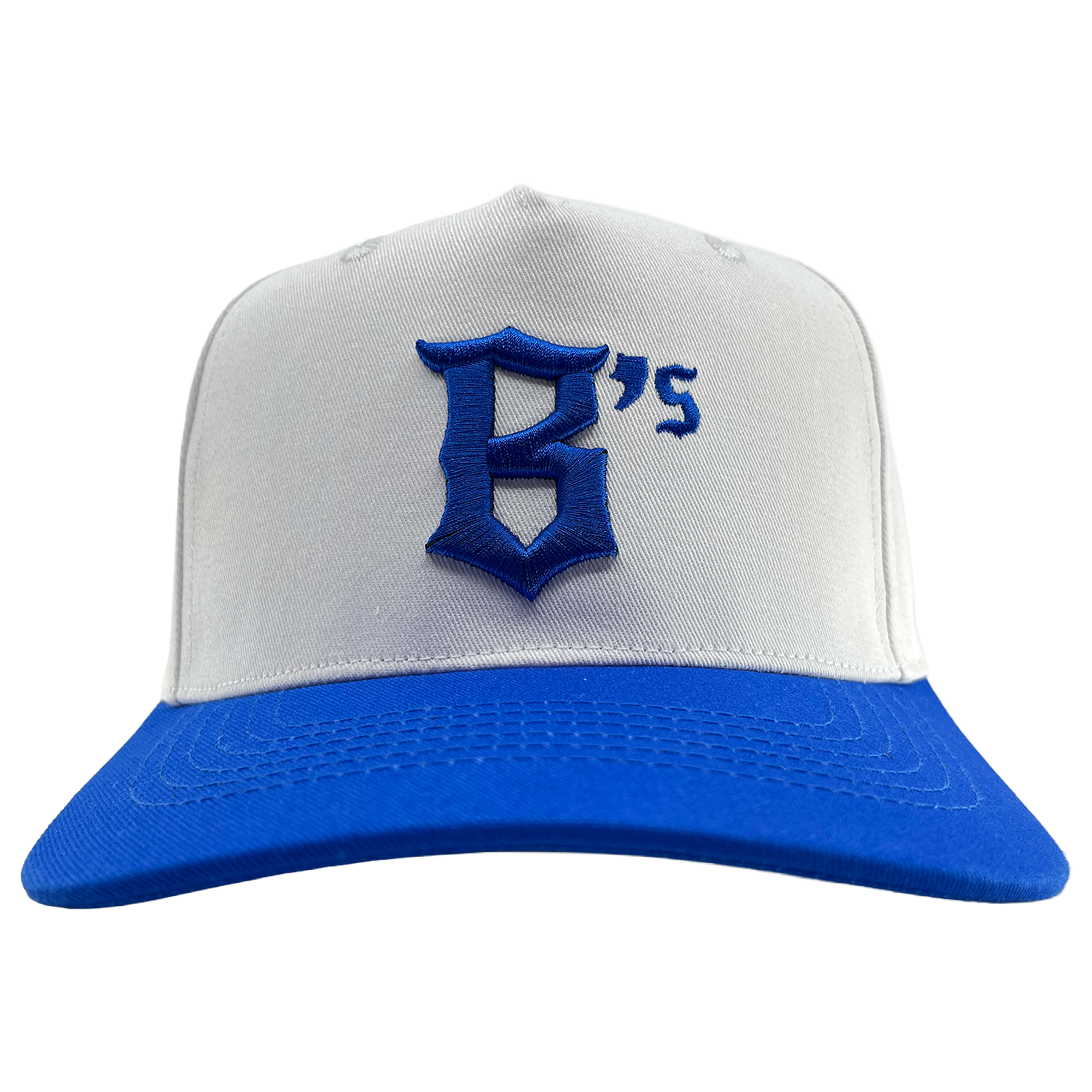 The Oakland Ballers 5 Panel Cap by Oakland Ballers is a white snapback featuring a vibrant blue brim. Centered on the front, it showcases a large, stylized blue “G” followed by a small blue apostrophe and the number “5” embroidered in classic Oakland Ballers style. The background is plain white.