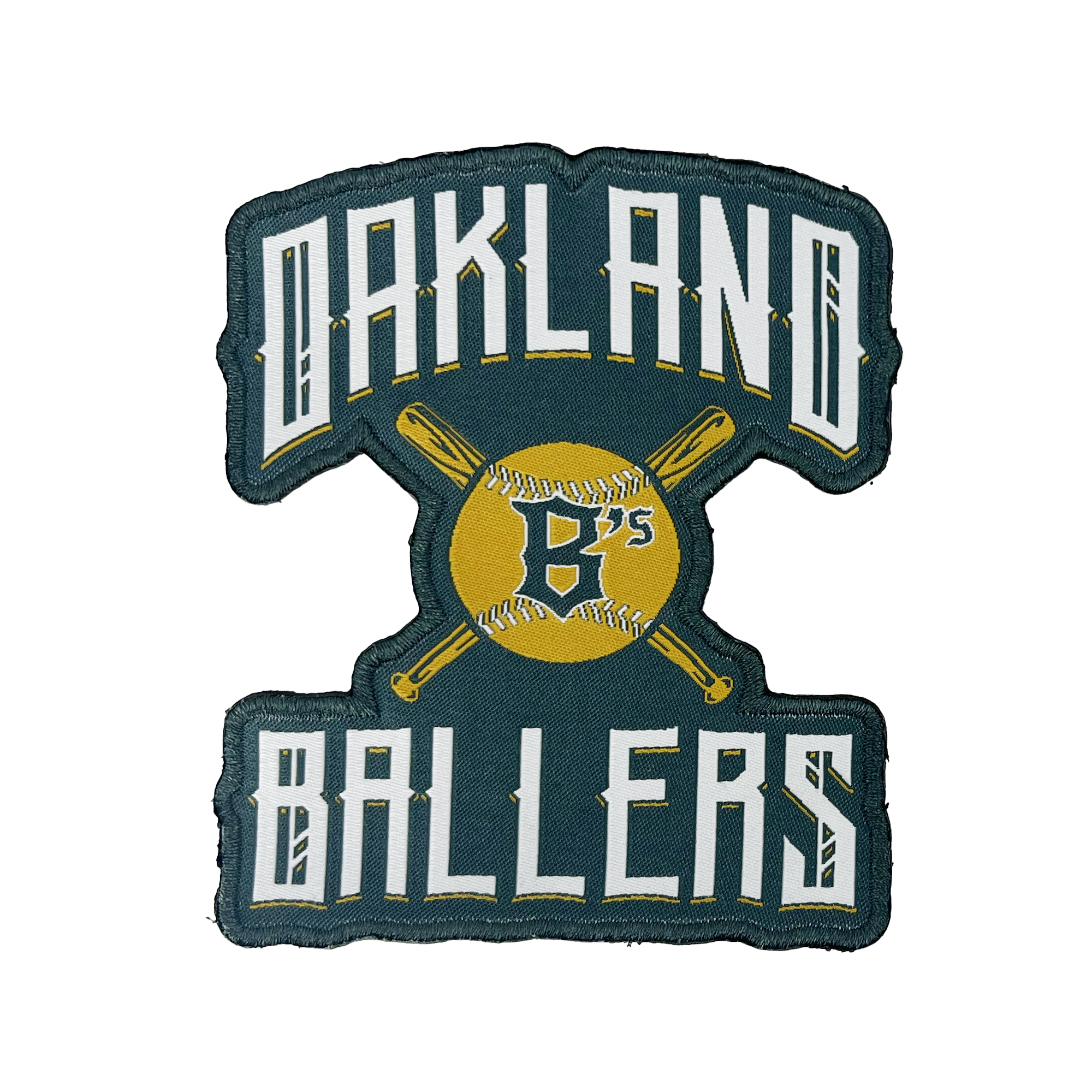 The Oakland Ballers Alt Logo Patch by Oakland Ballers features "OAKLAND BALLERS" embroidered in white with a black outline, surrounding a yellow baseball illustration crossed by two yellow bats. The baseball displays the letter "B's" in black, symbolizing the West Coast franchise, all set against a dark green background.