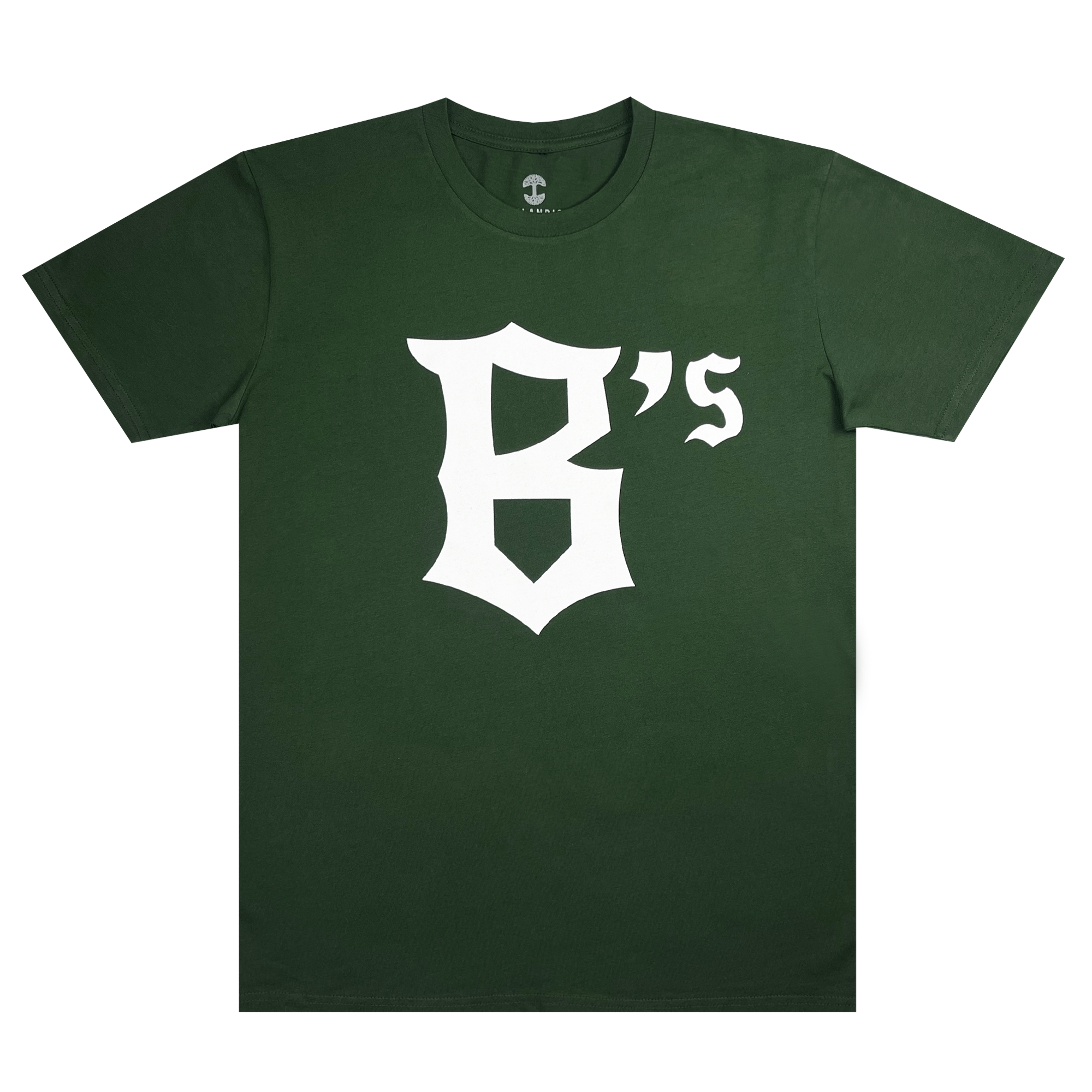 The Oakland Ballers B Logo Tee, brought to you by Oakland Ballers, is a dark green T-shirt prominently featuring a large stylized white letter "B" followed by a small white apostrophe and the letter "s" in the center. Paying homage to the Oakland Ballers professional baseball team, this shirt boasts a crew neck and short sleeves.