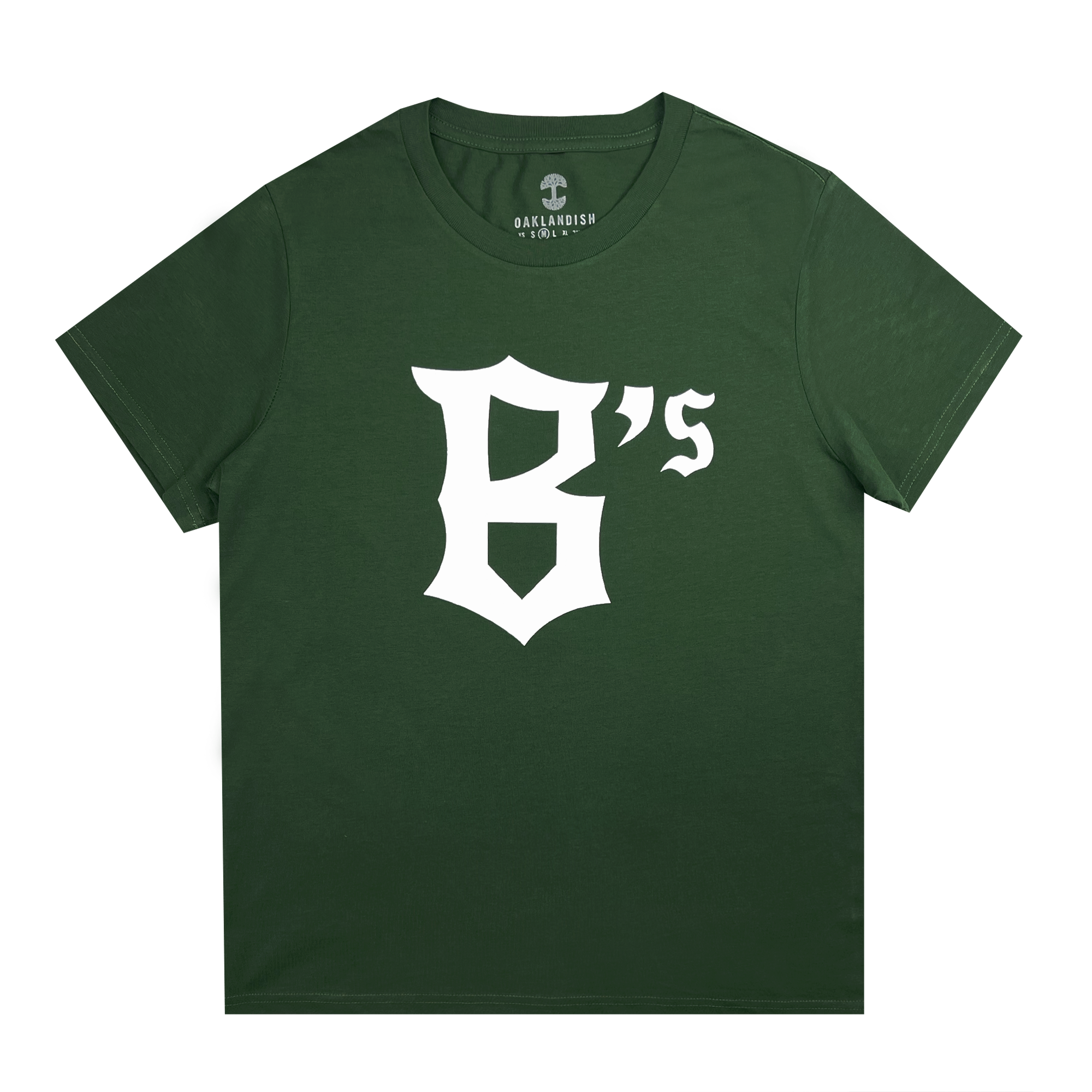 These Women's Oakland Ballers B Logo Tees feature a dark green color and a white, bold letter "B" designed in a stylized, shield-like font. Adjacent to it, in the same white font, is an apostrophe followed by a lower-case "s," forming "B's," celebrating the Oakland Ballers from the Pioneer League. The shirt is plain with no other visible designs or patterns.