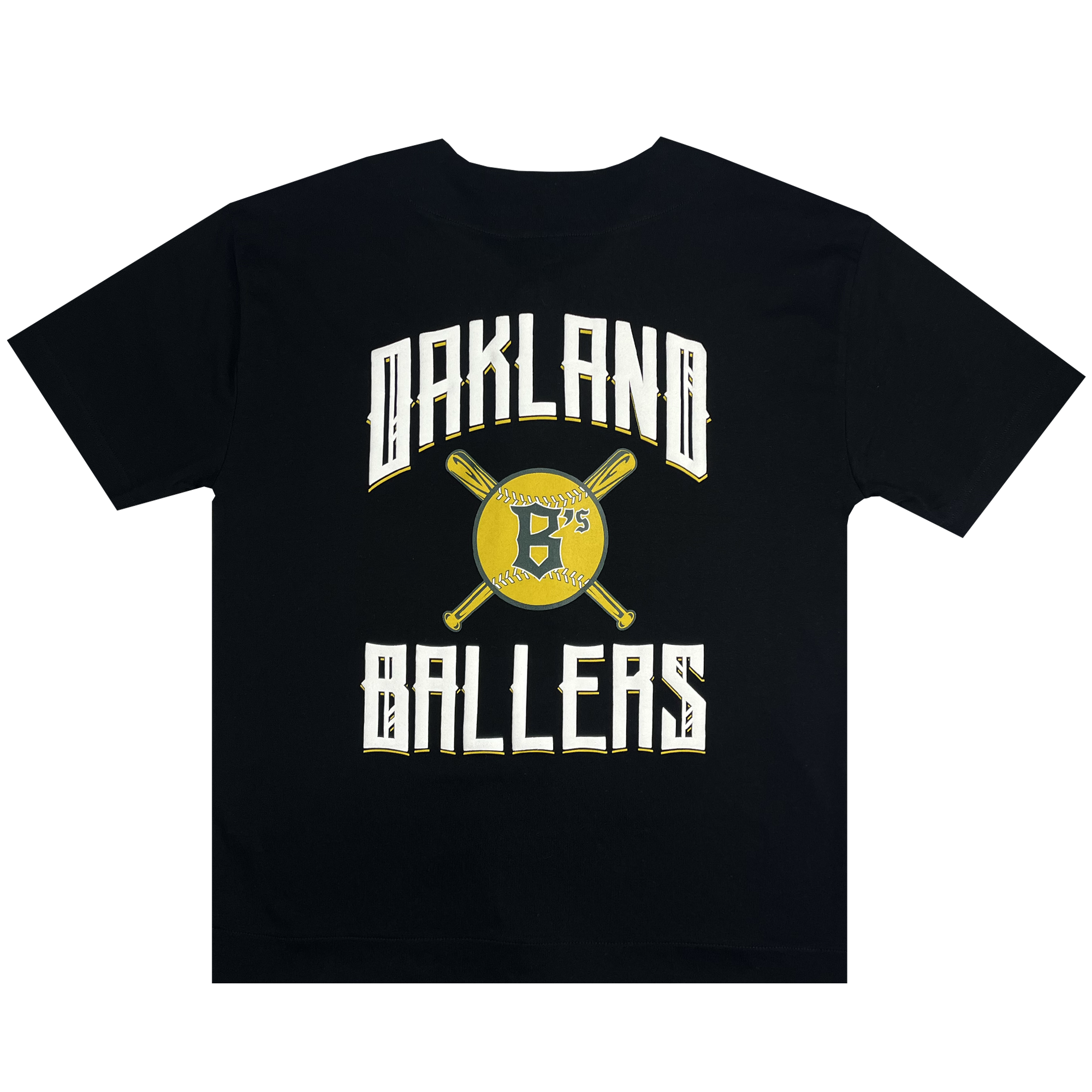 Oakland Ballers Heavy Baseball Jersey by Oakland Ballers is a black jersey featuring the text "Oakland Ballers" printed in white with yellow outlines on the front. The design also includes two crossed baseball bats and a stylized yellow baseball with a black "B's" in the center, paying homage to this professional baseball team's Pioneer League roots.