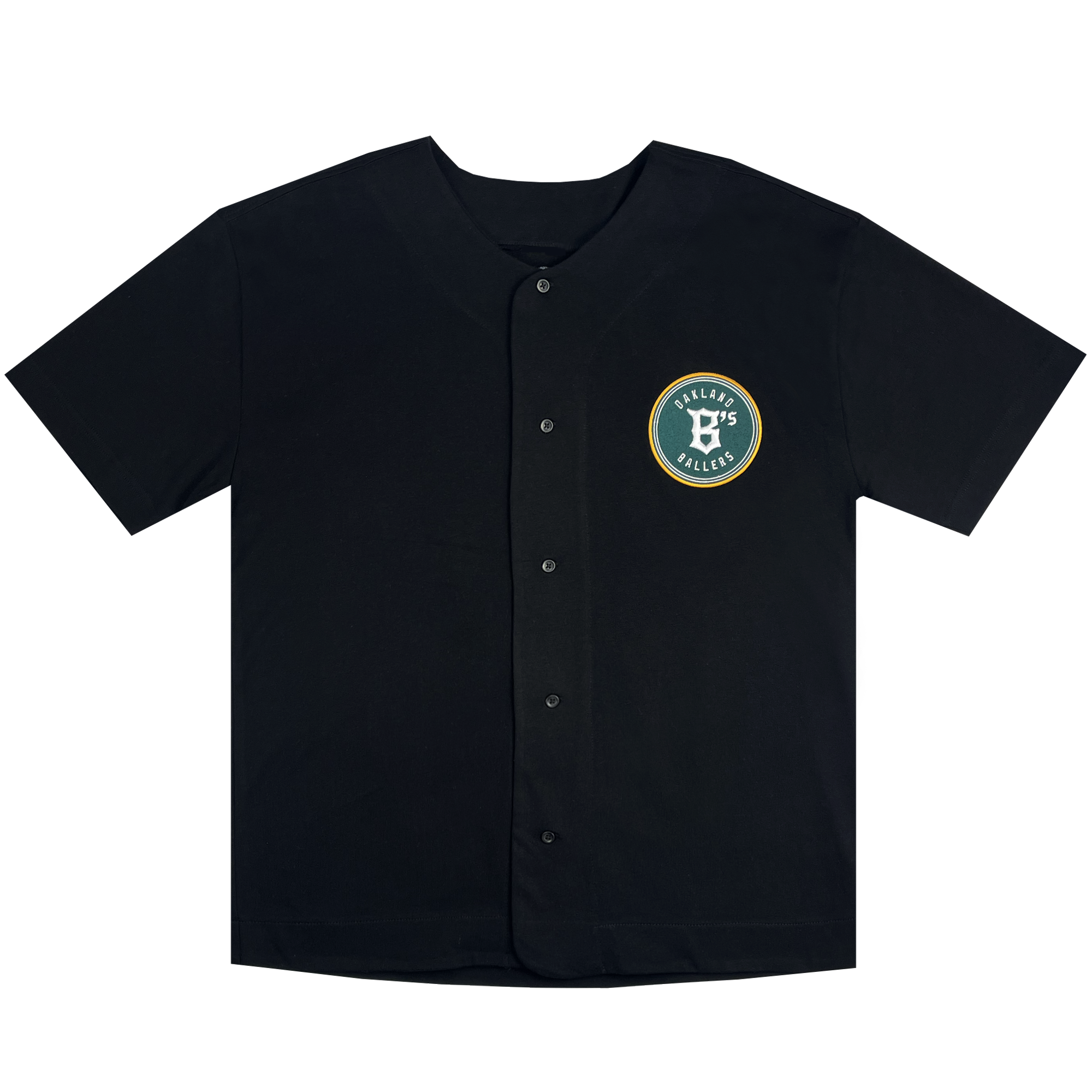 The Oakland Ballers Heavy Baseball Jersey is displayed. It is a black, short-sleeved jersey with a button-up front, featuring a green and gold circular logo on the left chest with the text "Brilliant Ballers" encircling a stylized "B" in the center, reminiscent of the Oakland Ballers' professional baseball team.