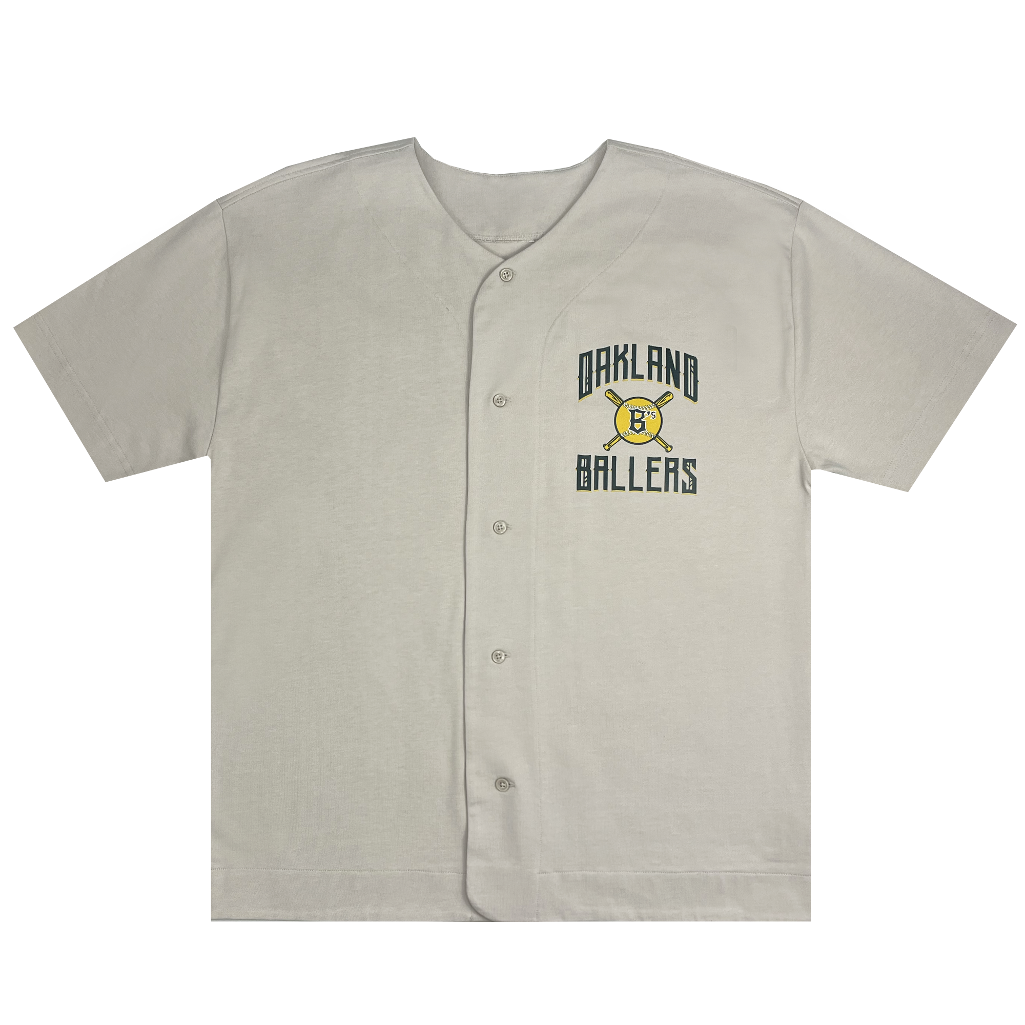 The Oakland Ballers Heavy Baseball Jersey is a light gray, short-sleeved jersey with buttons down the front. It features a yellow and green circular logo on the left chest, with "Oakland Ballers" written in green around it. The V-neck jersey echoes the style of a professional baseball team uniform.