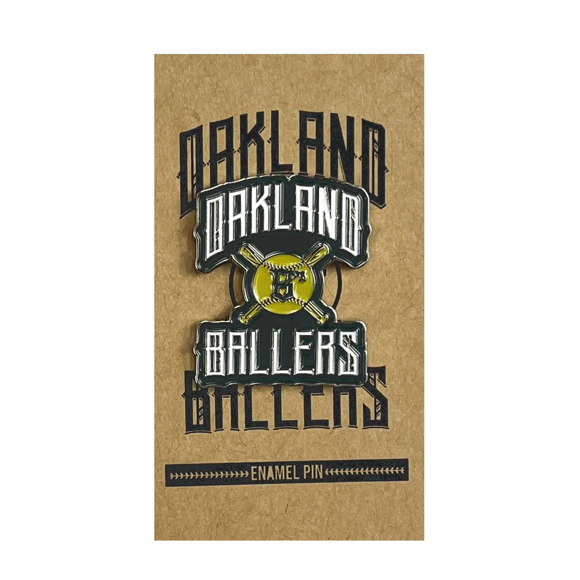 The Oakland Ballers Bats Logo Enamel Pin is showcased on a brown cardboard backing. The gold and black enamel pin displays a crossed baseball bat design with a baseball, accompanied by bold, stylized text that reads "OAKLAND BALLERS." Below, the cardboard backing features small text reading "ENAMEL PIN" alongside an arrow and line design, celebrating this professional baseball team from the Pioneer League.