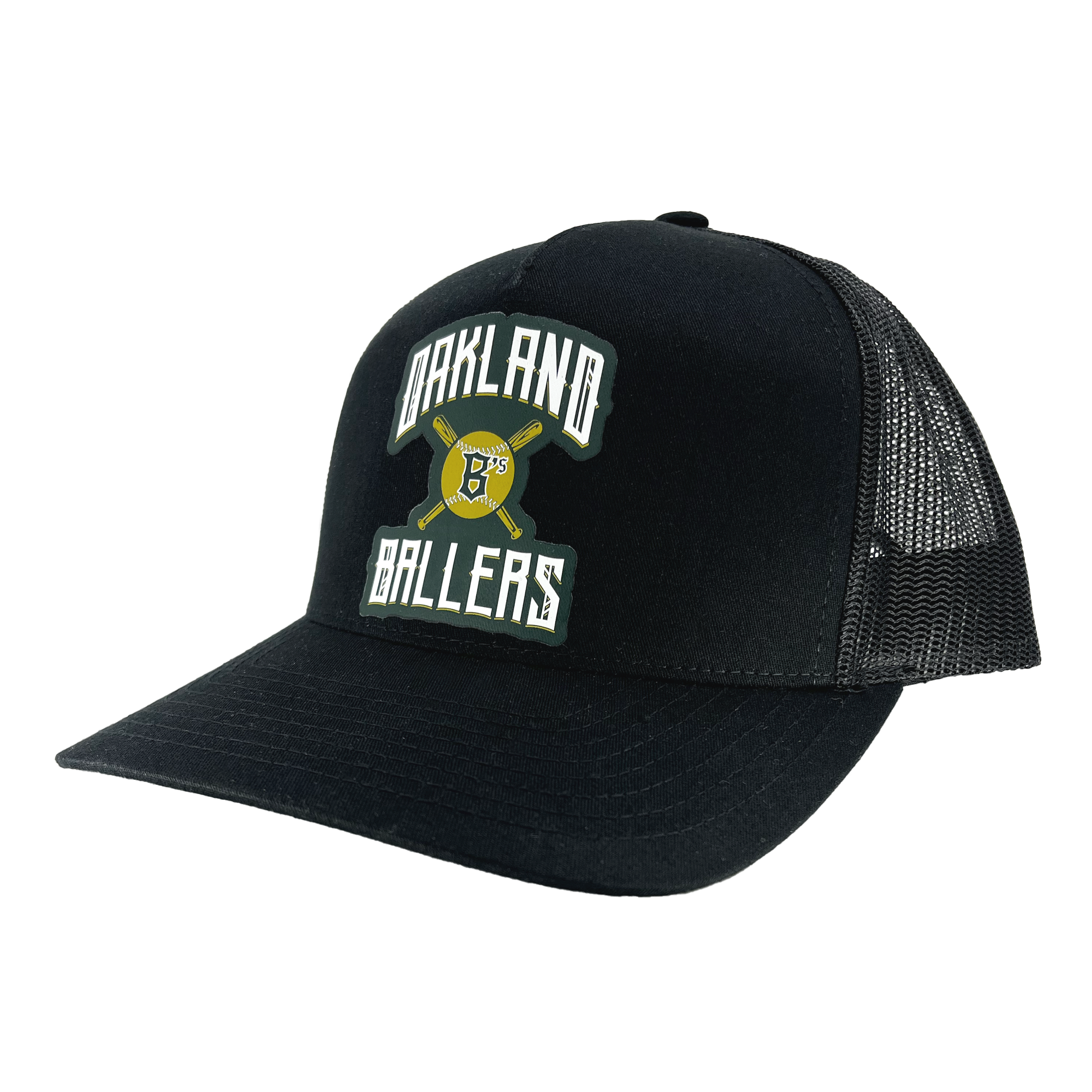 The Oakland Ballers Alt. Logo Curved Visor Trucker is a black baseball cap with a mesh back. The front displays a green and cream-colored emblem featuring the text "Oakland Ballers," representing the professional baseball team from the Pioneer League, along with a design of two crossed baseball bats and a baseball. The brim is slightly curved.