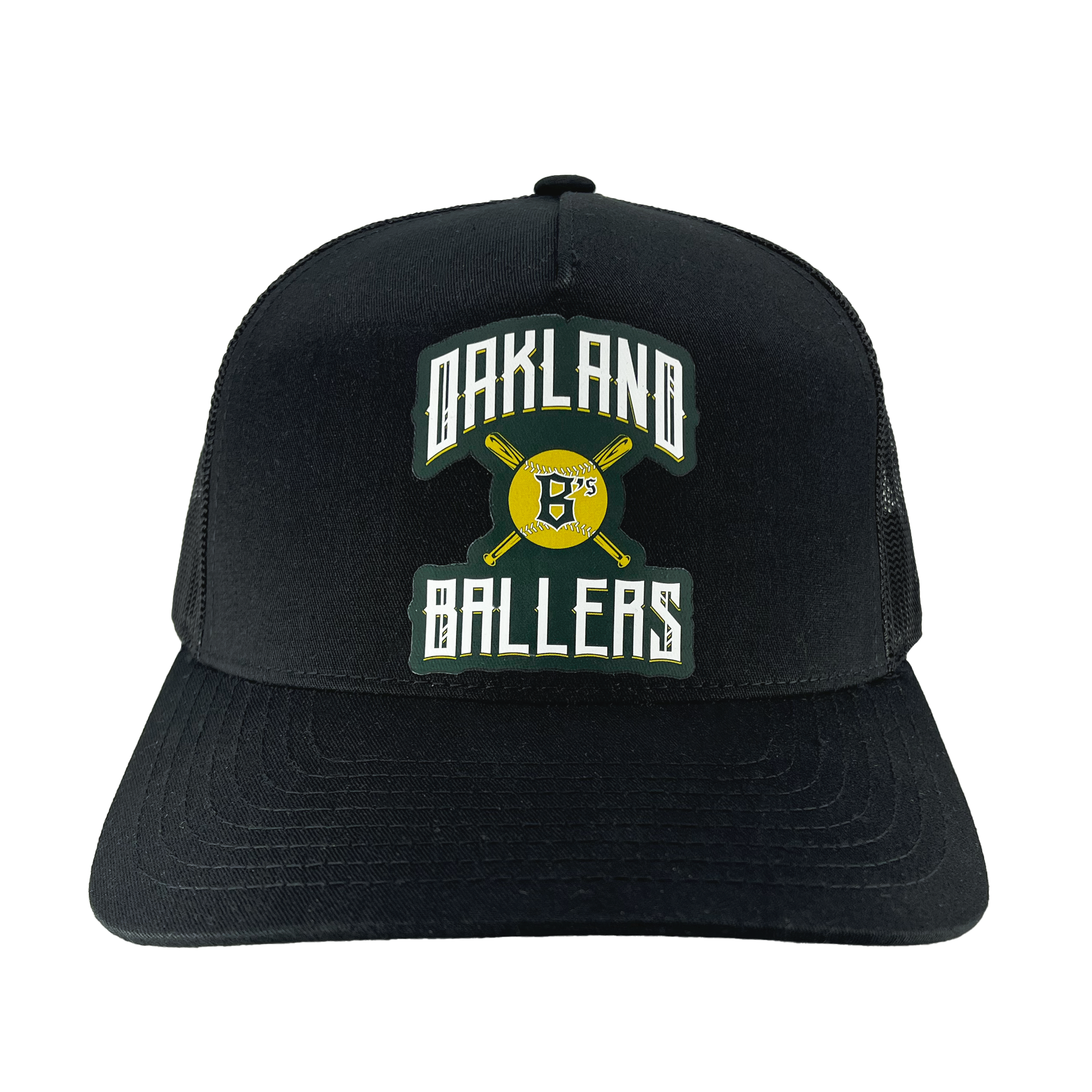 The Oakland Ballers Alt. Logo Curved Visor Trucker, a black baseball cap with a mesh back, features the text "OAKLAND BALLERS" in white arched around a shield that showcases crossed bats and a baseball labeled "B's" at the center. This sporty cap emphasizes its connection to the professional baseball team in the Pioneer League with its structured build and firm bill.