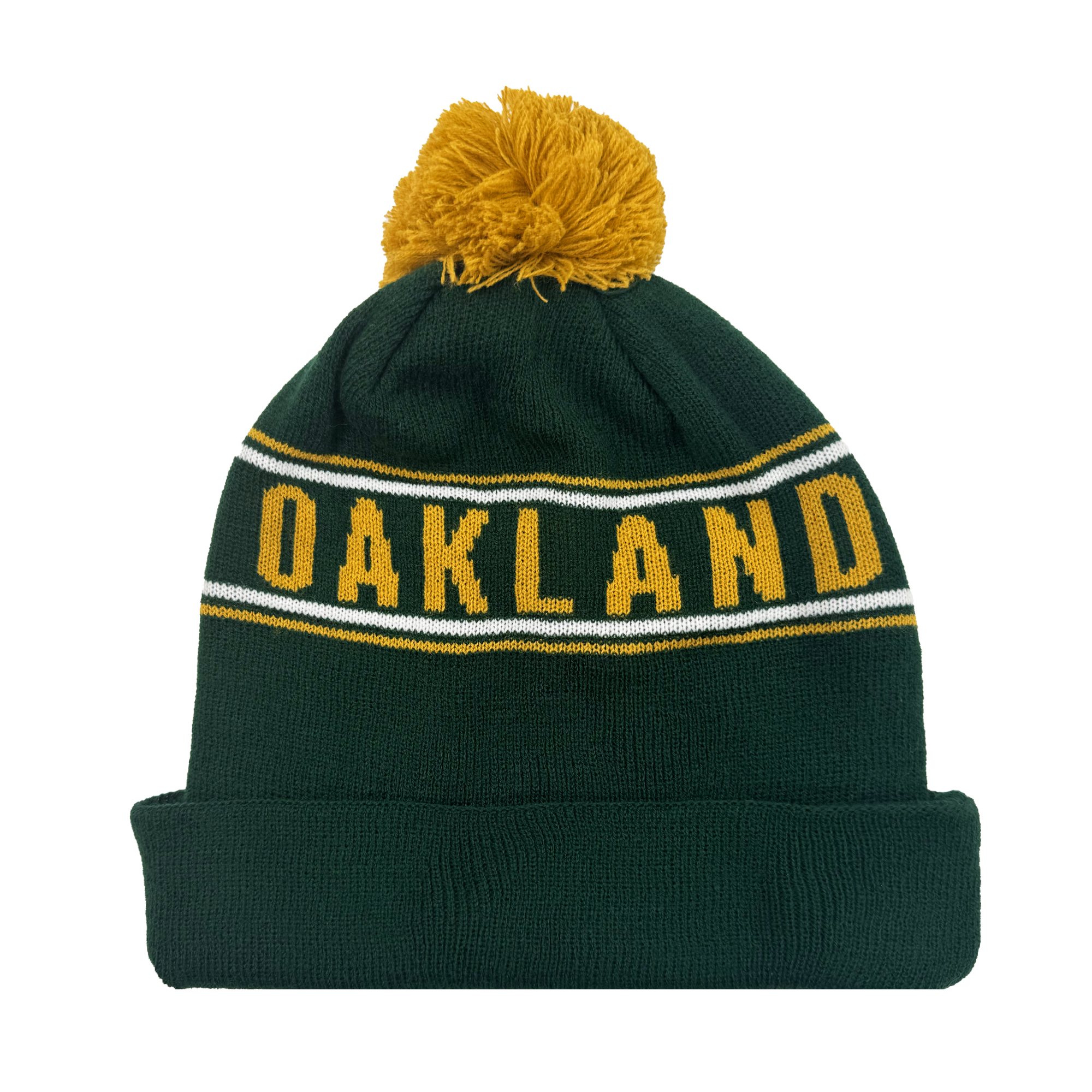 The Oakland Ballers Pom Beanie features a green knit with a yellow pom-pom, "OAKLAND" stitched on the front, white and yellow stripes, and a thick cuff for extra warmth—a stylish piece by the Oakland Ballers.