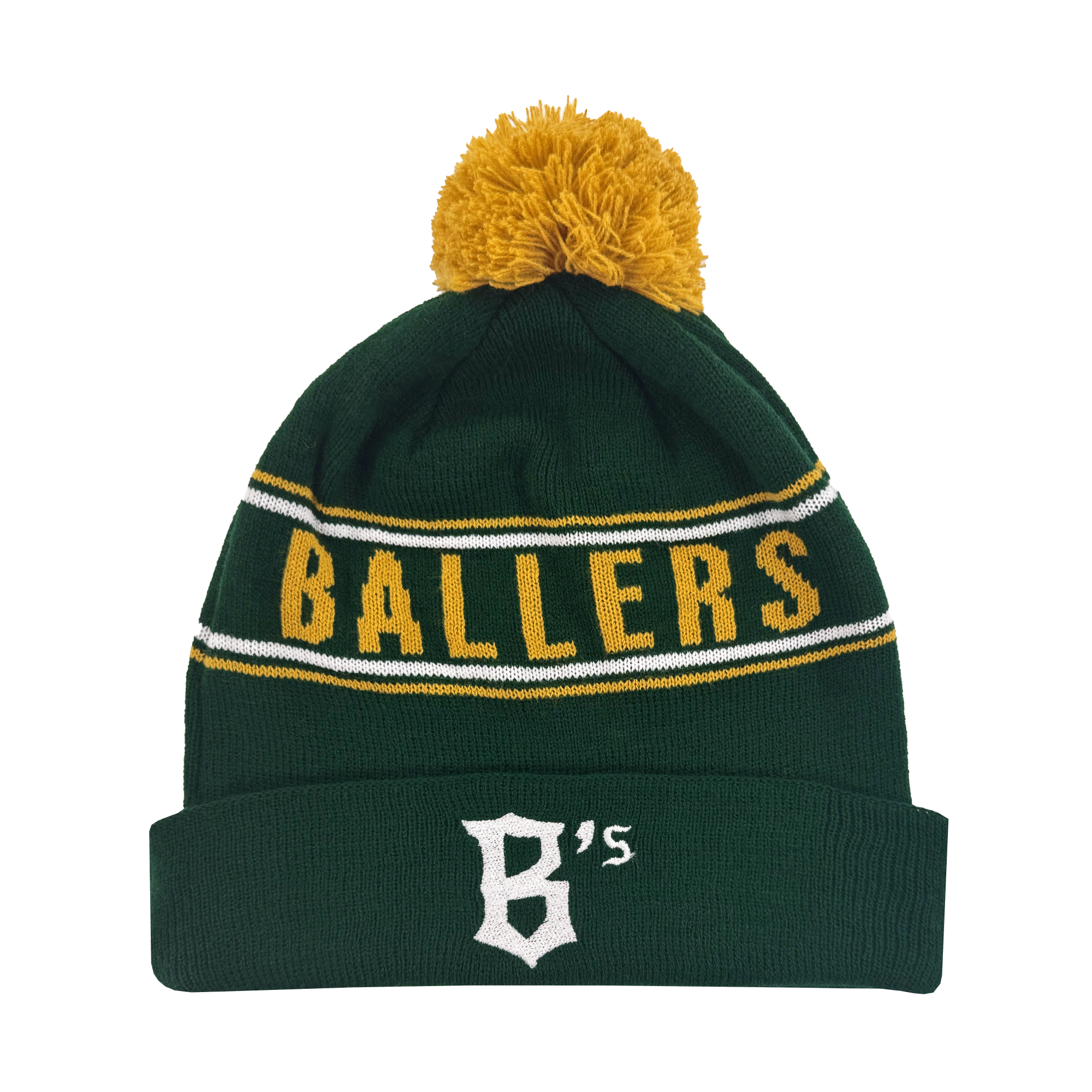 The Oakland Ballers Pom Beanie features a green knit design with a yellow pom-pom, "BALLERS" in yellow lettering, and a white stylized "B’s" logo framed by white stripes on the folded brim. Celebrate your team in style!.