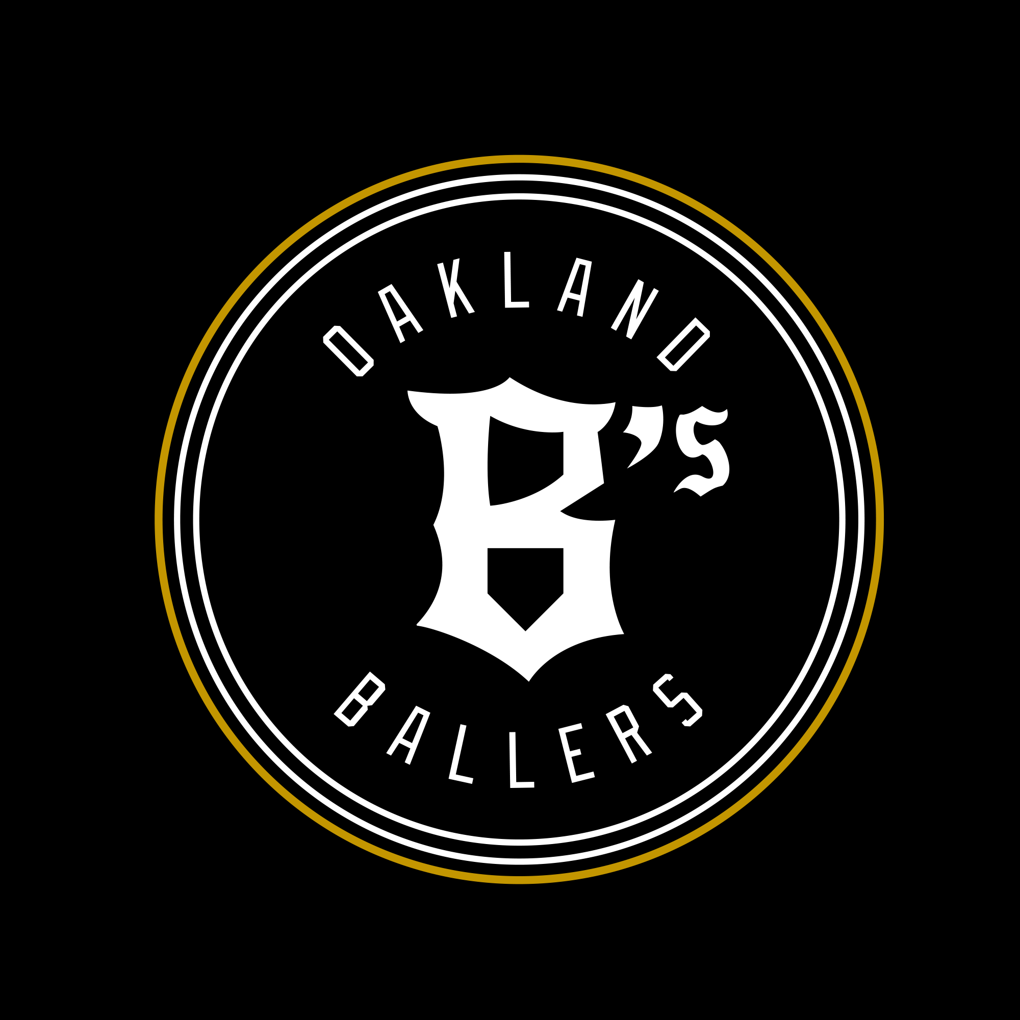 The Women's Oakland Ballers Logo Relaxed Tee by Oakland Ballers features a circular logo on a black background with white text "Oakland Ballers" curved around the outer edge. The inner circle showcases a large white letter "B" with an apostrophe and "s," emphasizing the team's professional baseball identity. Thin yellow and white lines border the circle, creating a layered appearance.