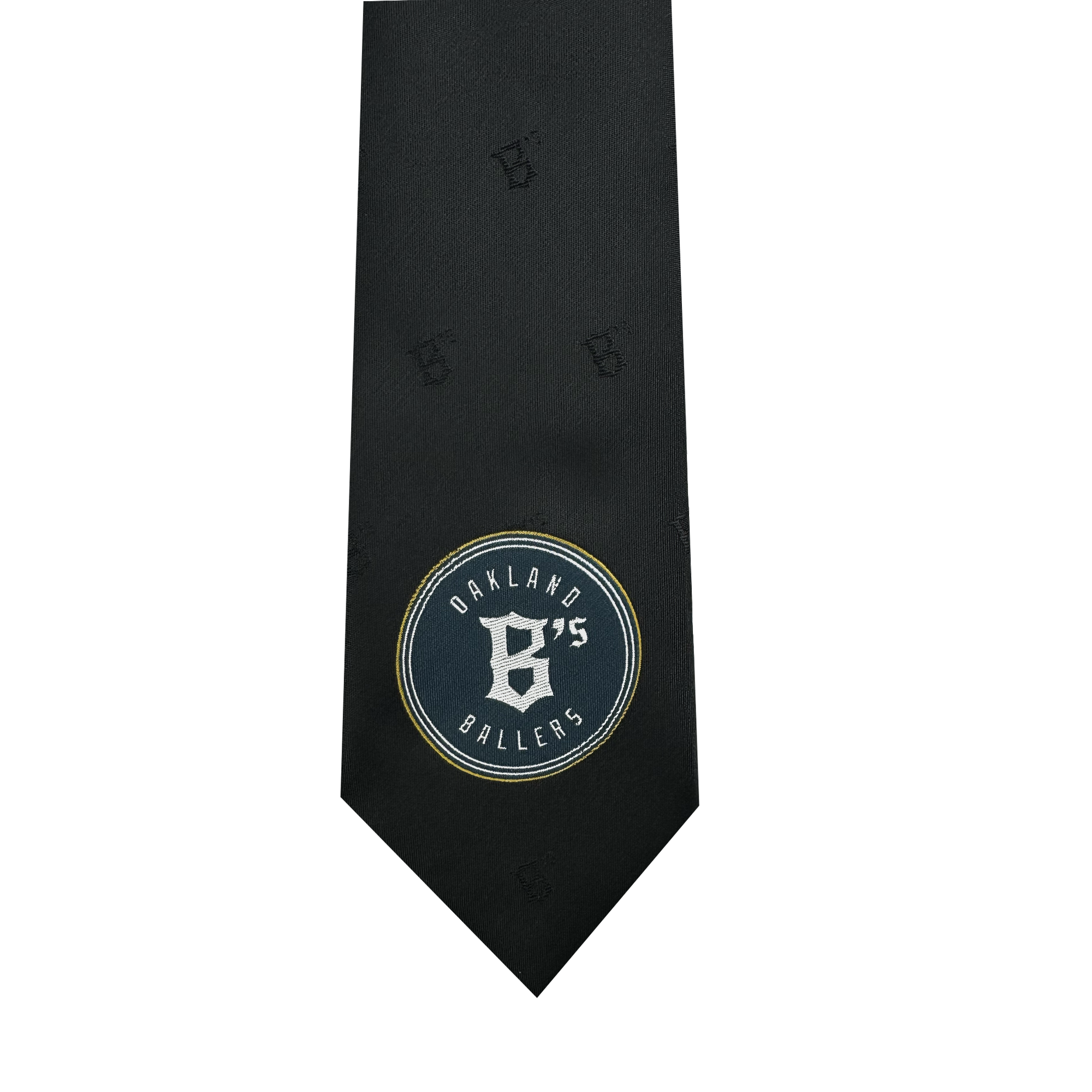 Introducing the Oakland Ballers Tie by the renowned brand Oakland Ballers. This elegant black tie features a subtle pattern and an eye-catching embroidered patch near the bottom. The patch proudly displays "Oakland Ballers 75" alongside a stylized "B," honoring the professional baseball team from the Pioneer League. The design is showcased in white text on a dark circular backdrop, elegantly outlined in gold.