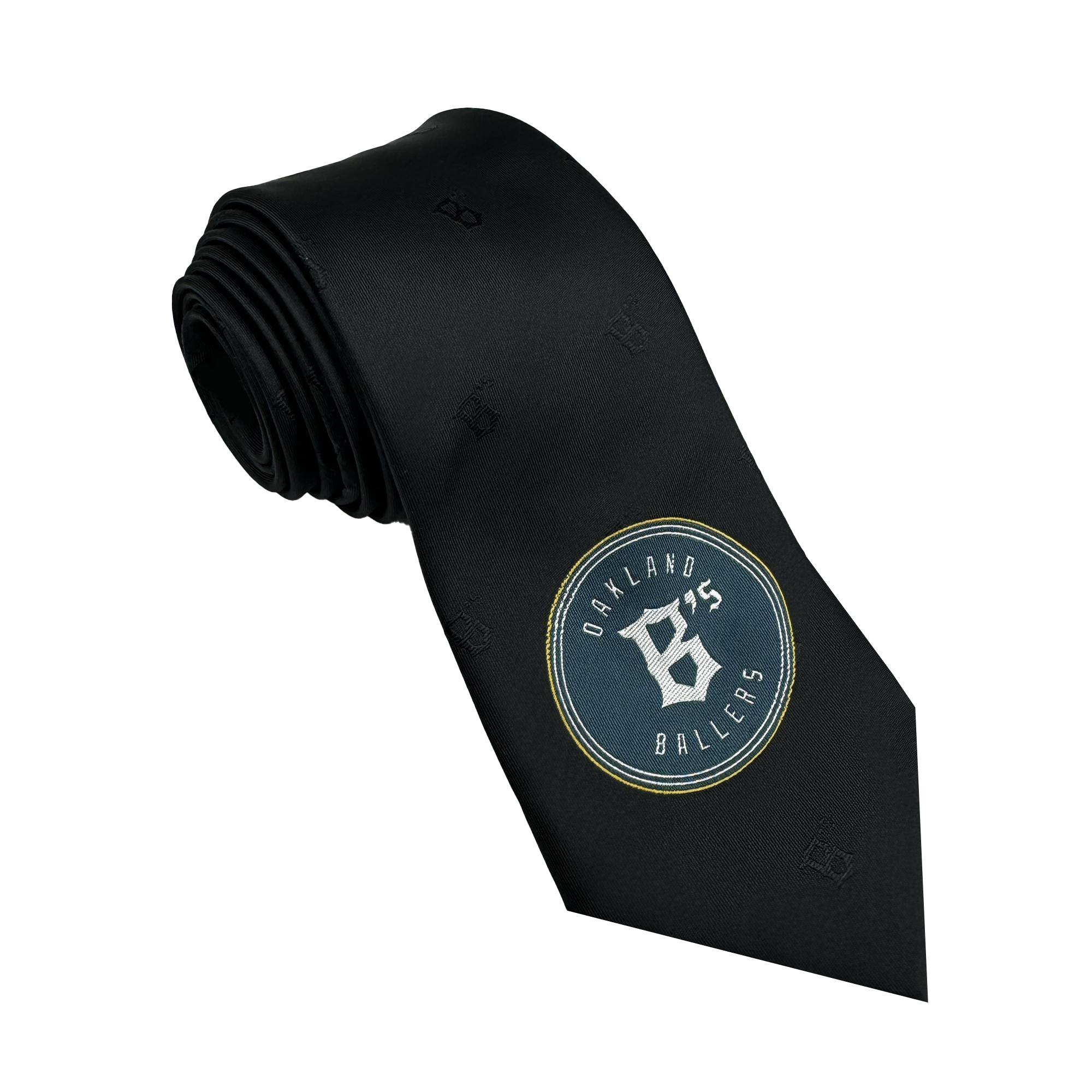 The Oakland Ballers Tie from the Oakland Ballers brand is a rolled black tie that showcases the team's logo near the bottom. The circular design prominently features "Oakland Ballers" with a stylish white "O" and "B," complemented by subtle embossed letters for an elegant touch, celebrating the essence of Pioneer League style.