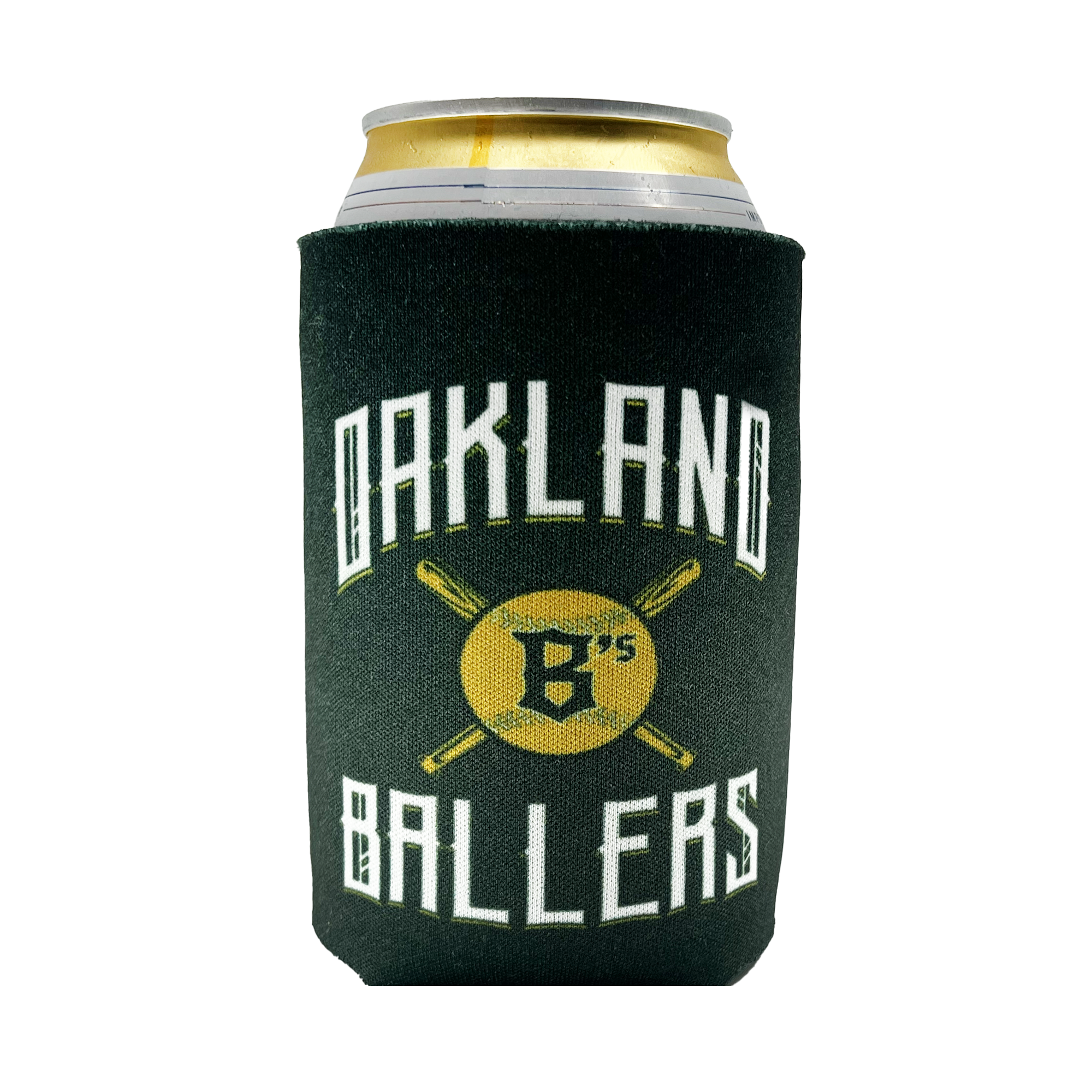 Here is a rewritten version of the sentence using the given product data:

The Oakland Ballers 12oz Can Cooler, created by Oakland Ballers, features a black exterior with bold white text and a striking yellow logo. The text reads "Oakland Ballers" in a bold, stylized font, representing the new professional baseball team in the Pioneer League. The logo showcases intersecting baseball bats with the letter "B" at their center. A yellow beverage can is snugly placed inside the cooler.