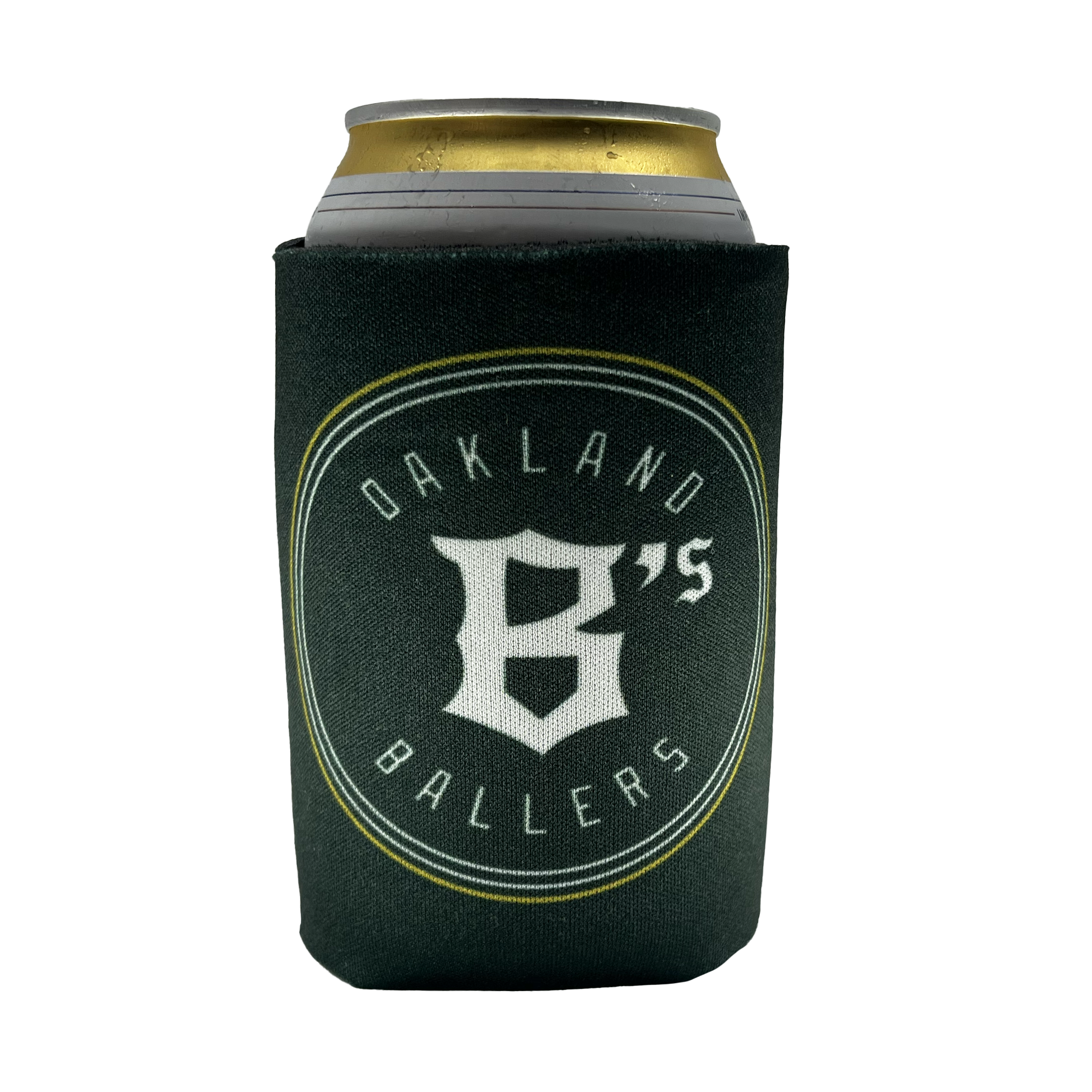 A can of beverage is held in a dark green Oakland Ballers 12oz Can Cooler, showcasing the logo of the new professional baseball team, the "Oakland Ballers." The logo consists of a stylized "B" and the text "OAKLAND BALLERS" encircling it, all in white letters. The beverage can has a silver top with a partially visible gold tab.