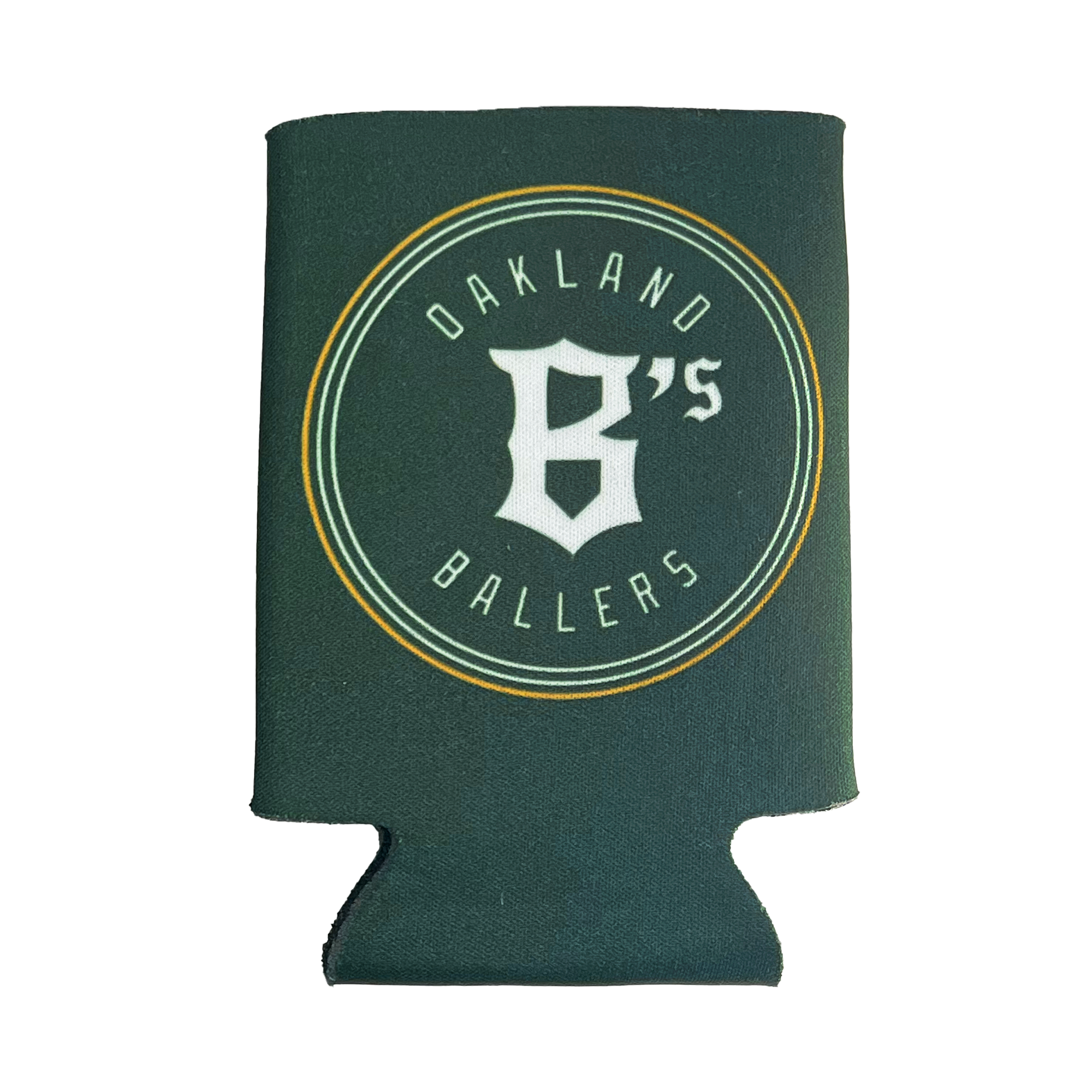 A green Oakland Ballers 12oz Can Cooler featuring a circular emblem with "OAKLAND BALLERS" text at the top and bottom, surrounding a stylized "B's" in the center. The design, representing Oakland's professional baseball team in the Pioneer League, is in white with a gold outline.